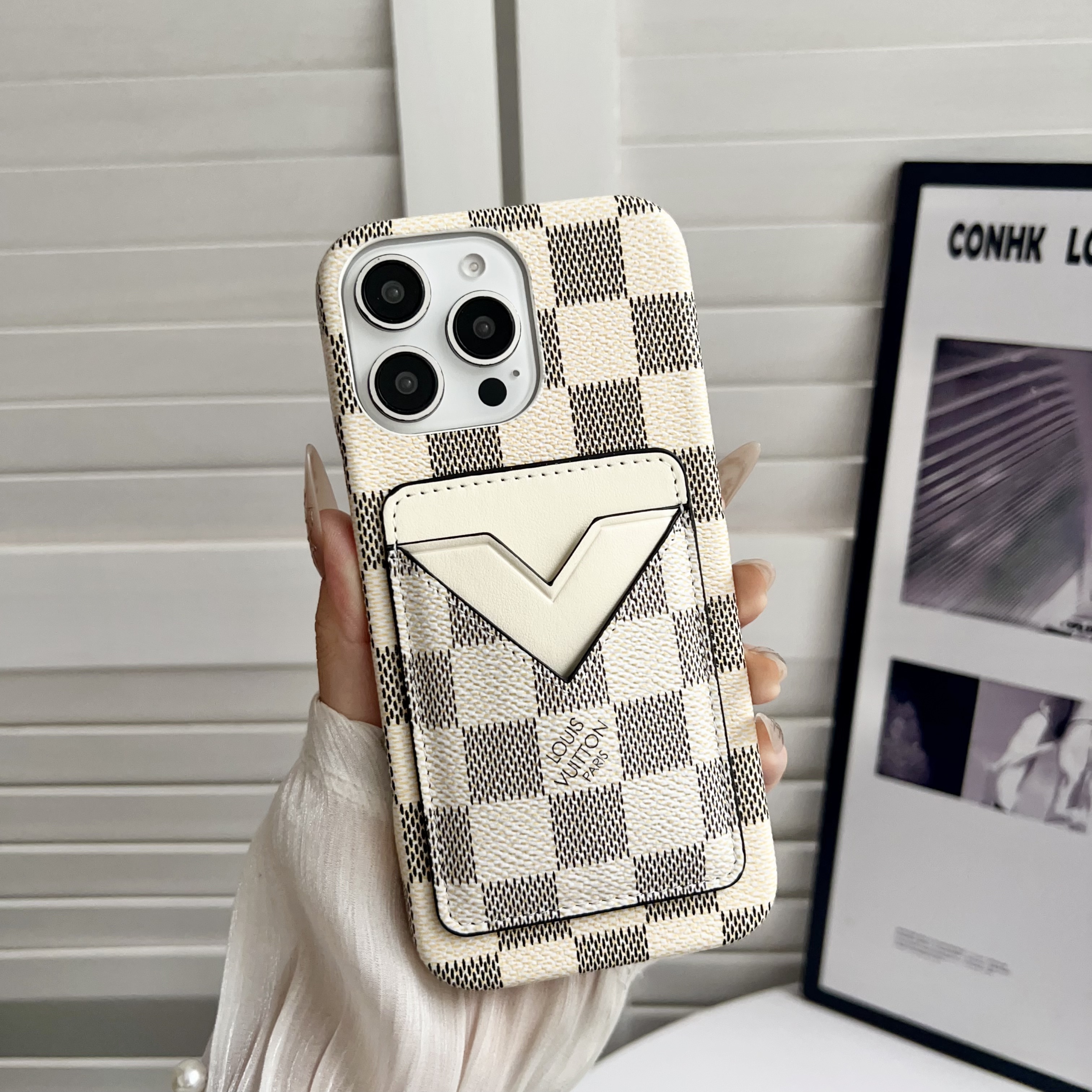 Leather Monogram iPhone Case With Card Holder White-VXK251525