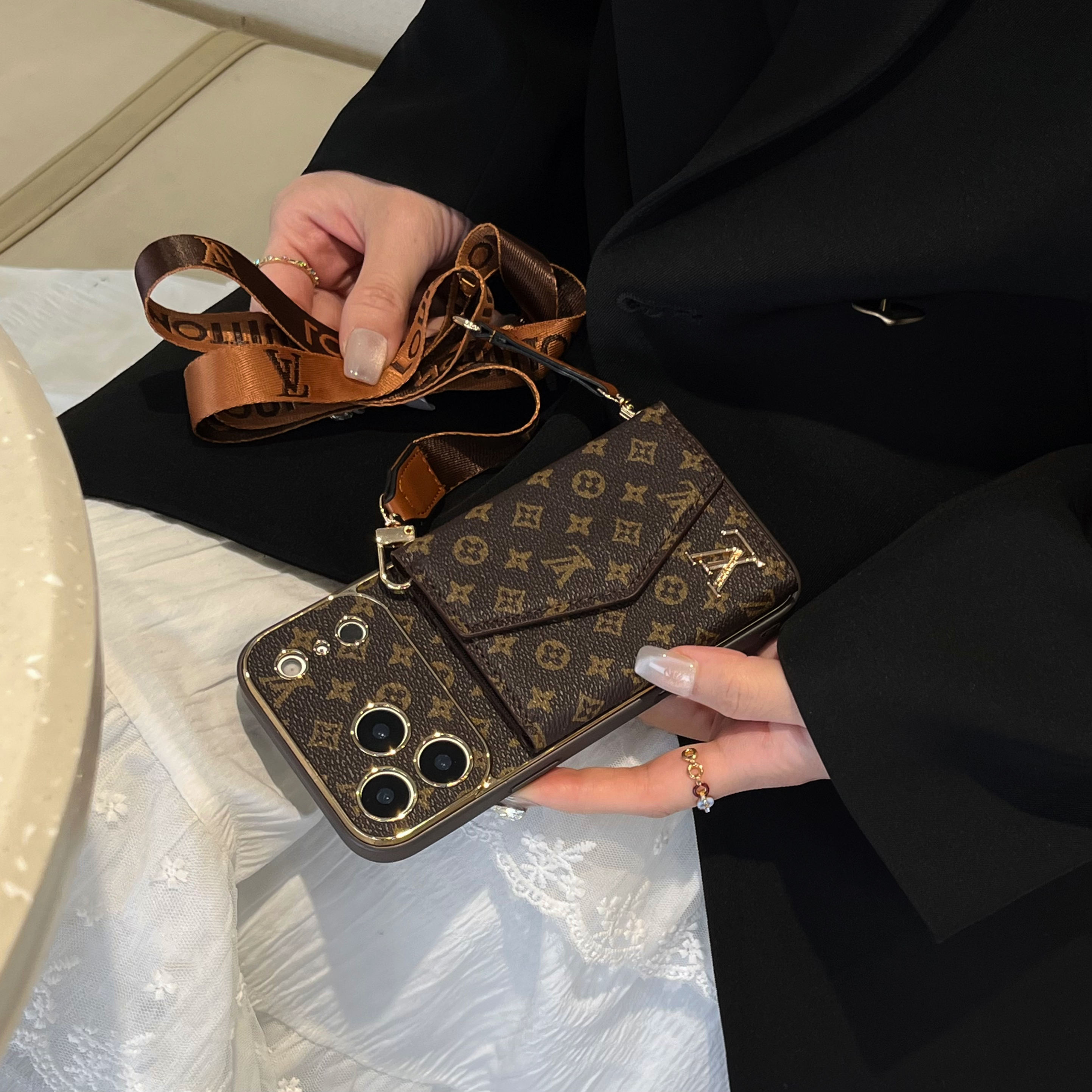 Leather Monogram iPhone Case With Card Holder And Strap For iPhone 17 Series-GELV002