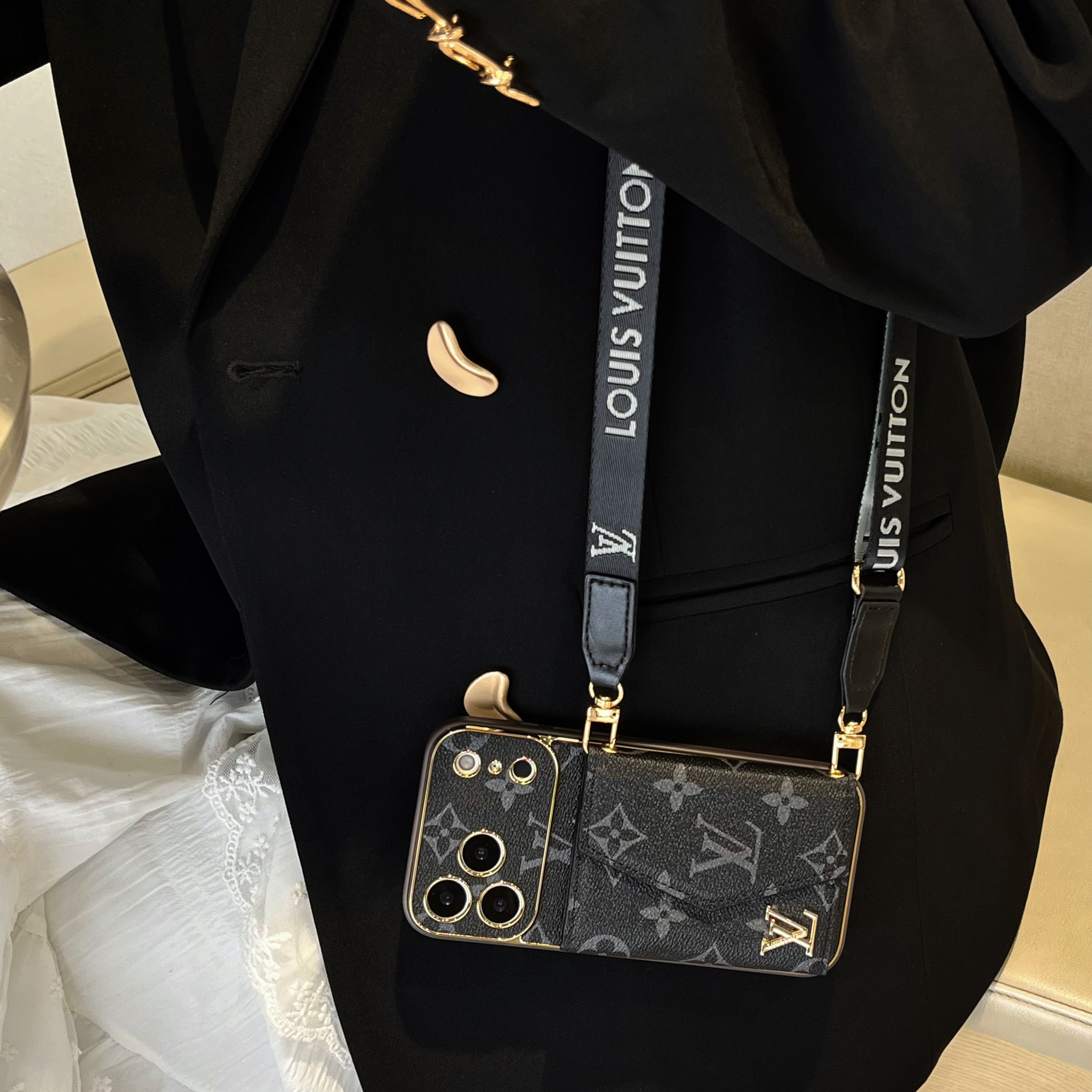 Leather Monogram iPhone Case With Card Holder And Strap For iPhone 17 Series-GELV002