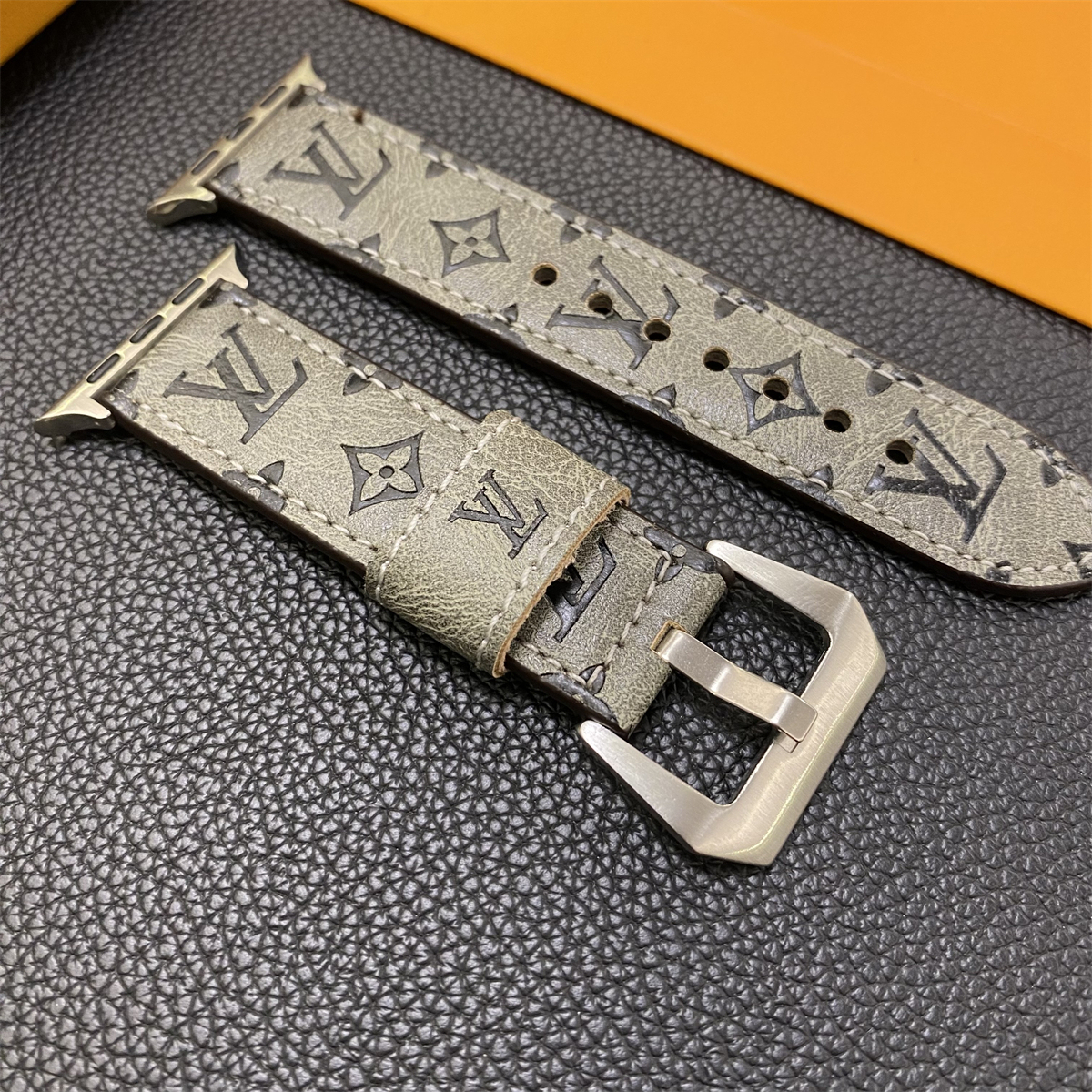 Leather Monogram Apple Watch Band Leather Brown-YH24422-GTOCASE