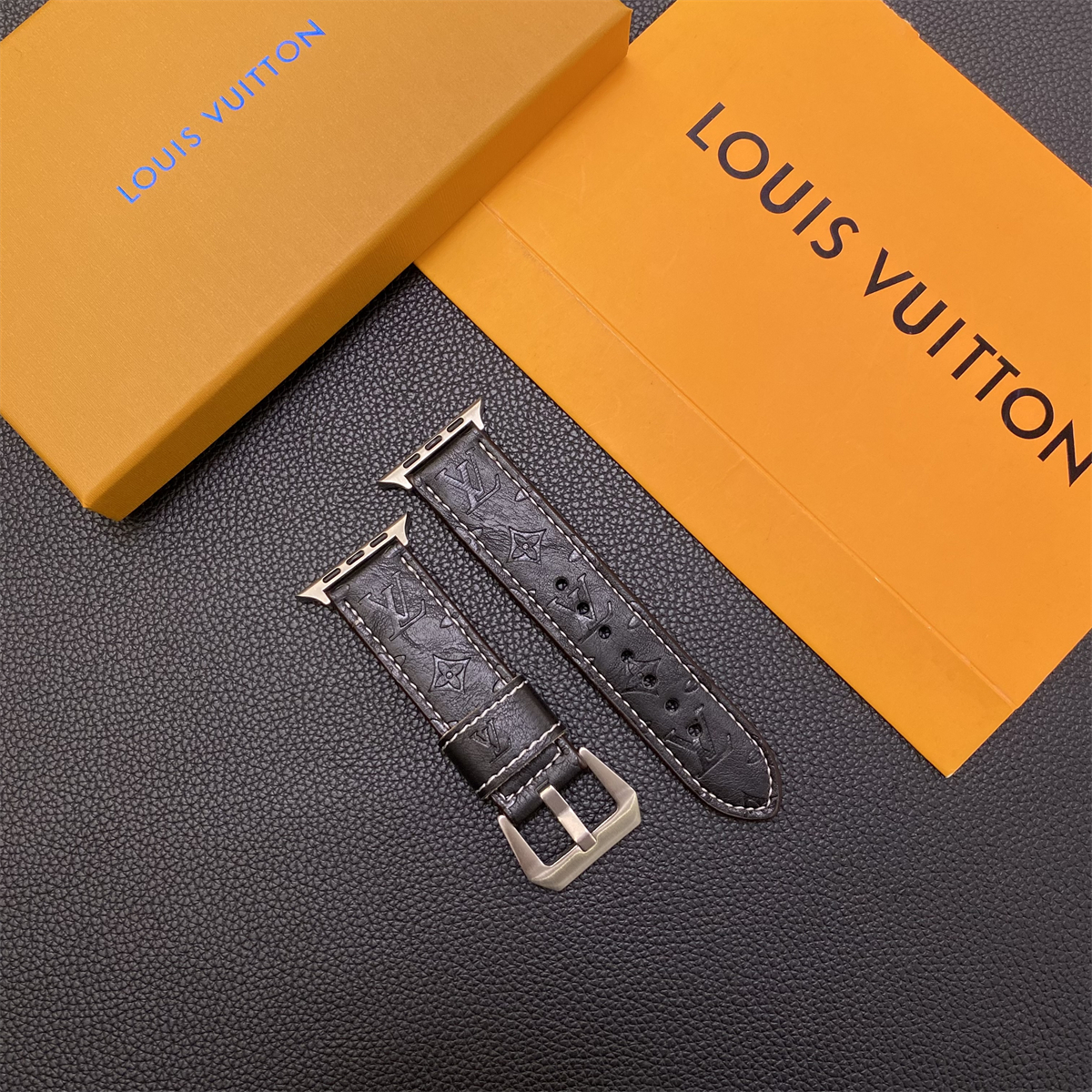 Leather Monogram Apple Watch Band Black-YH24422-GTOCASE