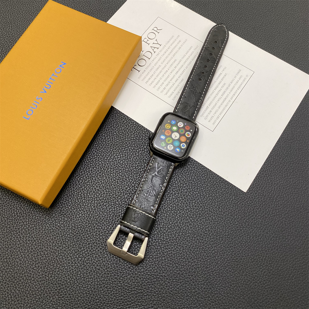 Leather Monogram Apple Watch Band Black-YH24422-GTOCASE