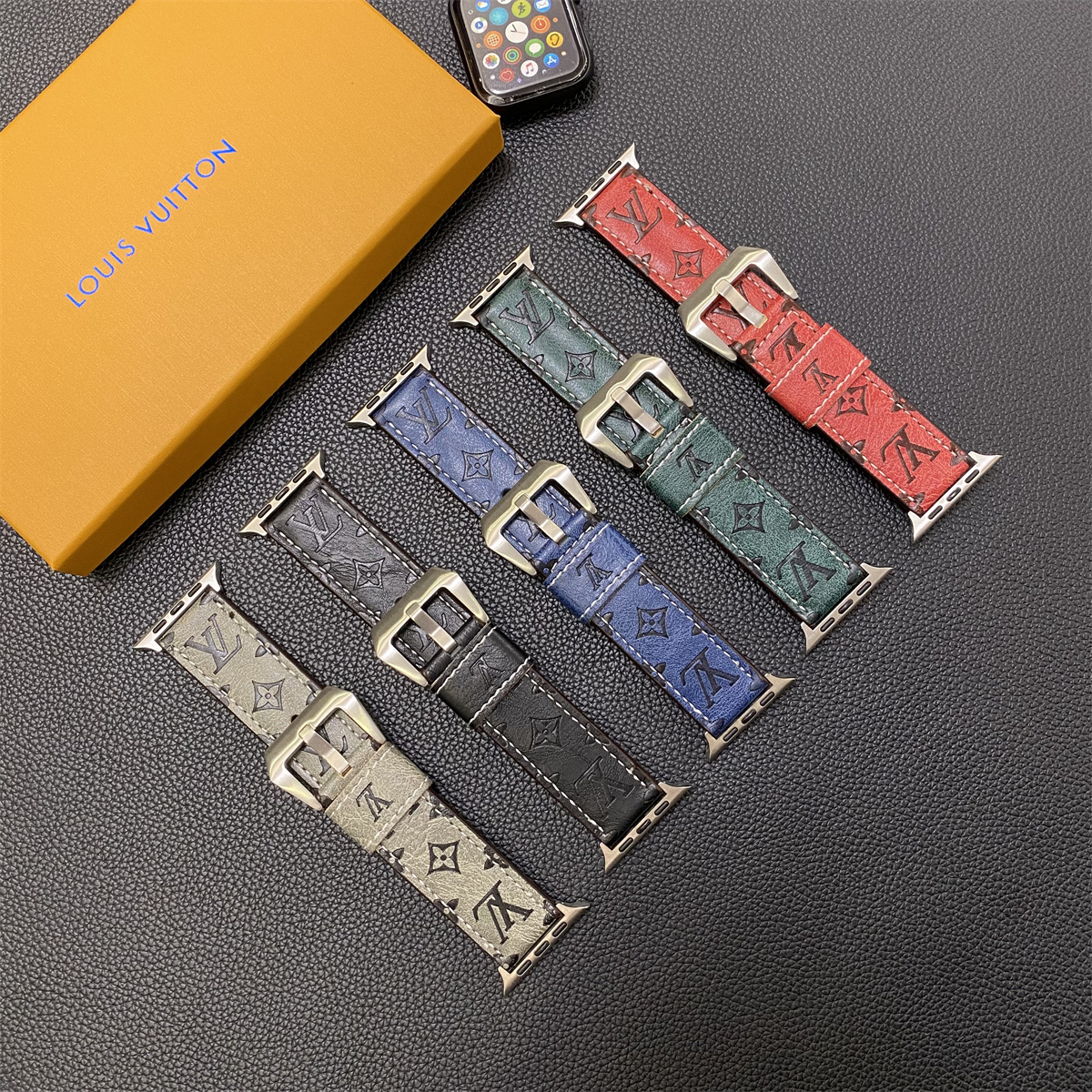 Leather Monogram Apple Watch Band Black-YH24422-GTOCASE