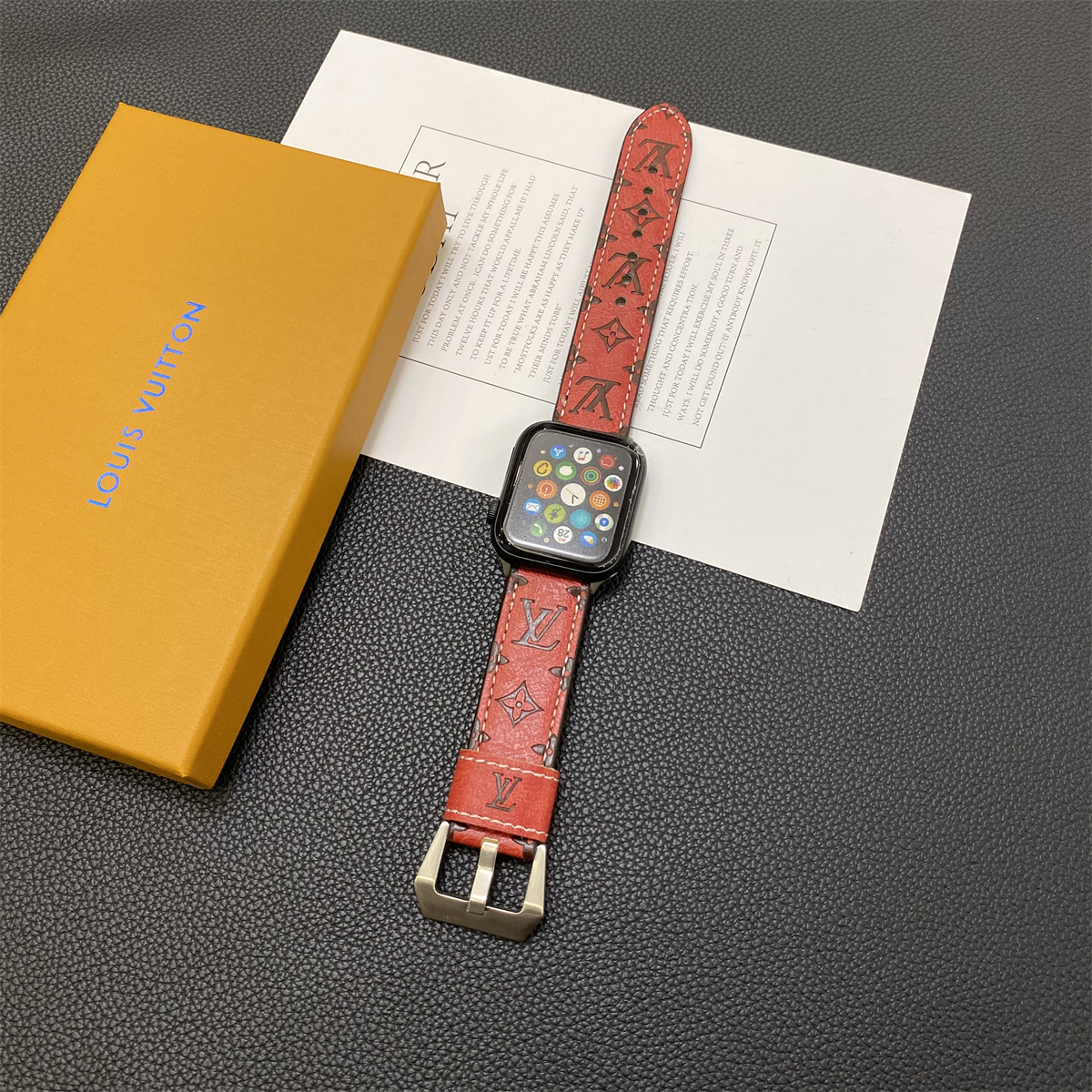 Leather Monogram Apple Watch Band Leather Red-YH24422-GTOCASE