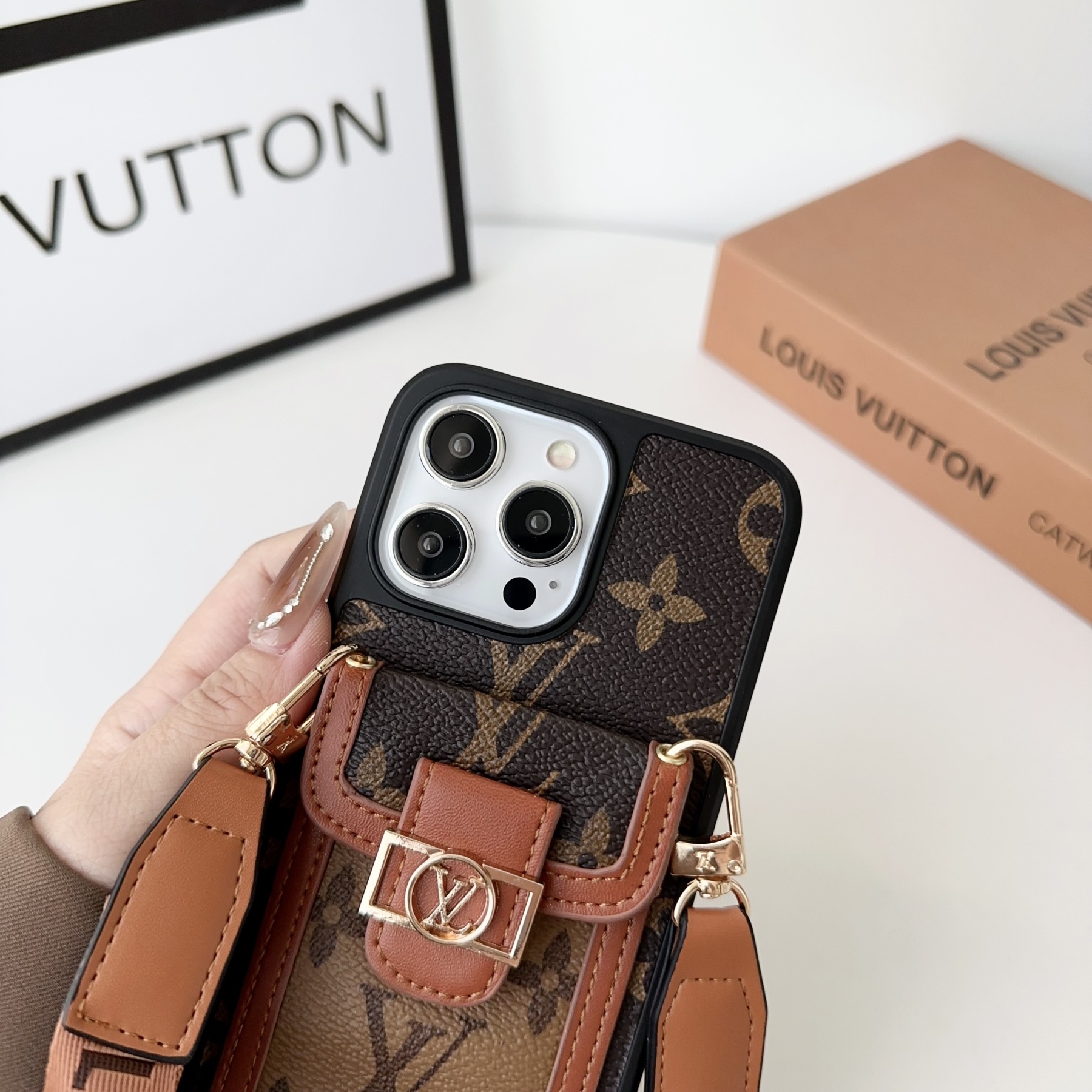 Monogram Dauphine iPhone Case With Card Holder And Strap Brown -LQK240329-GTOCASE