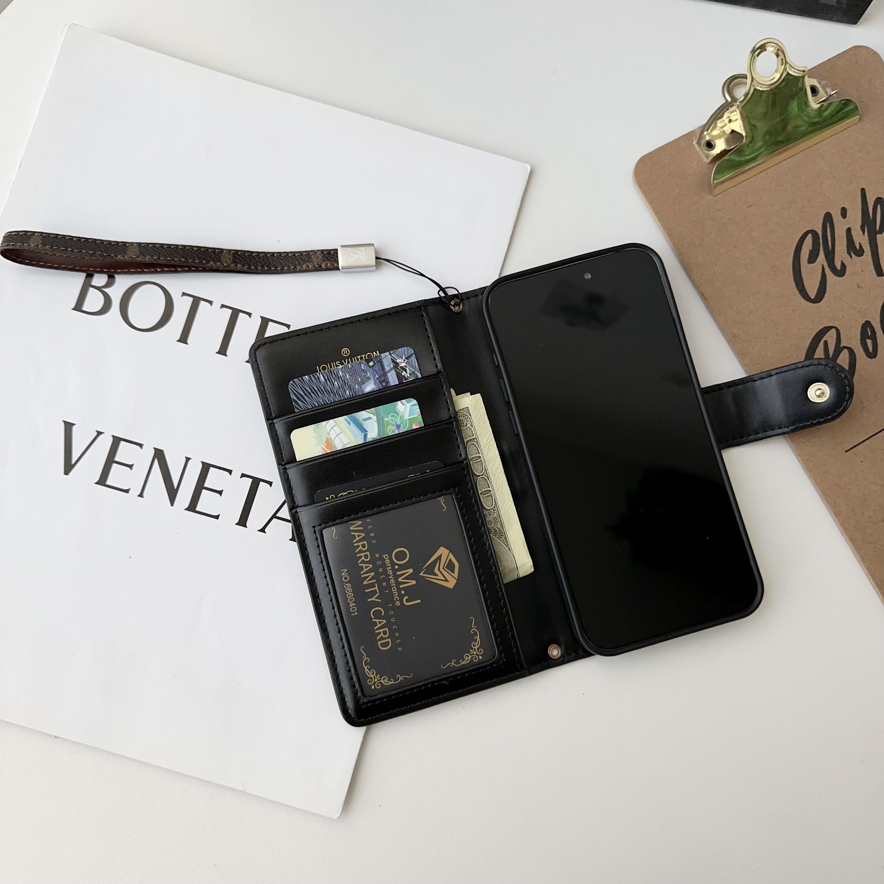 Classic Leather Fold Monogram iPhone Case With Card and Cash Holder-GEMTY001