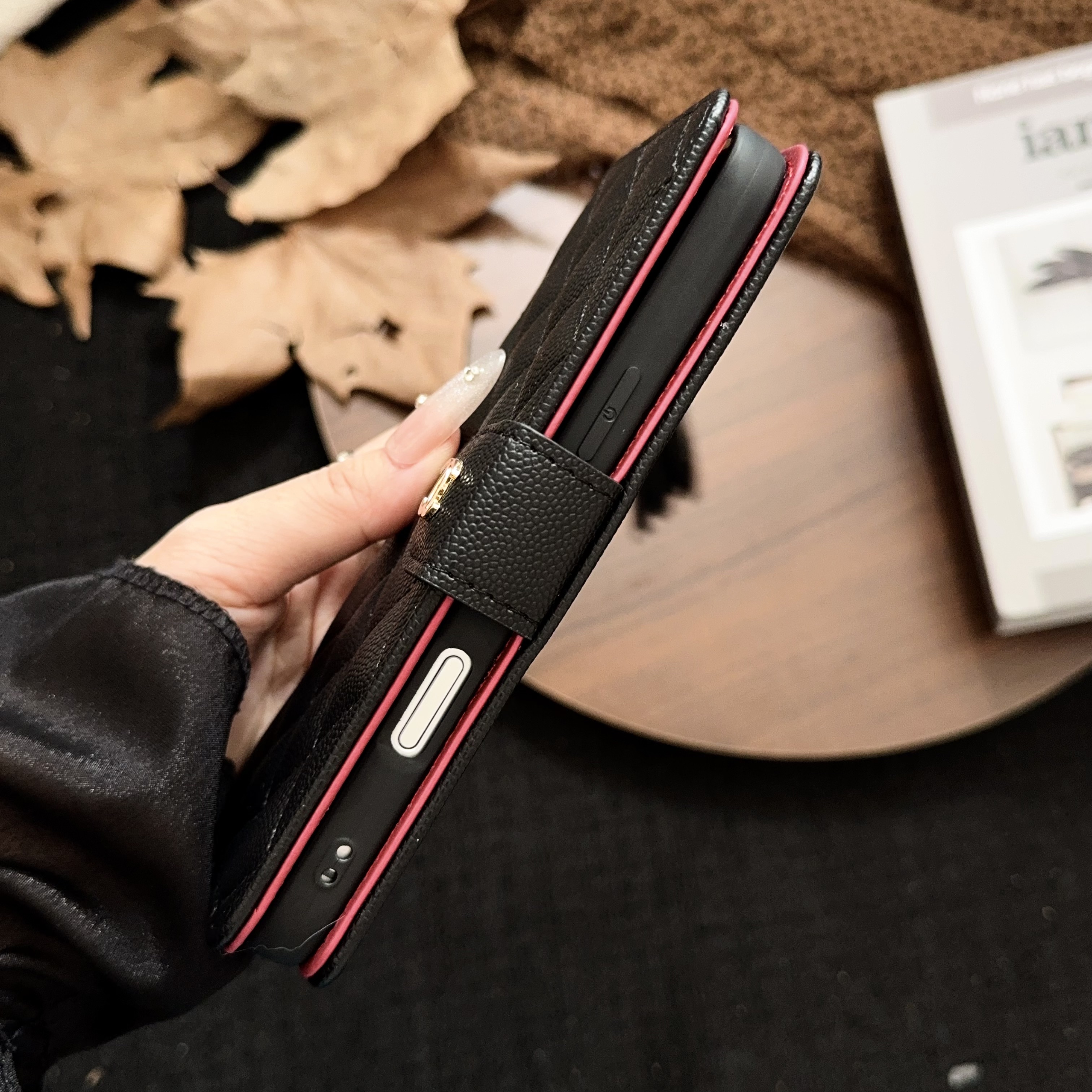 Leather CC iPhone Case With Flip Wallet Black For iPhone 17 Series-GECC010