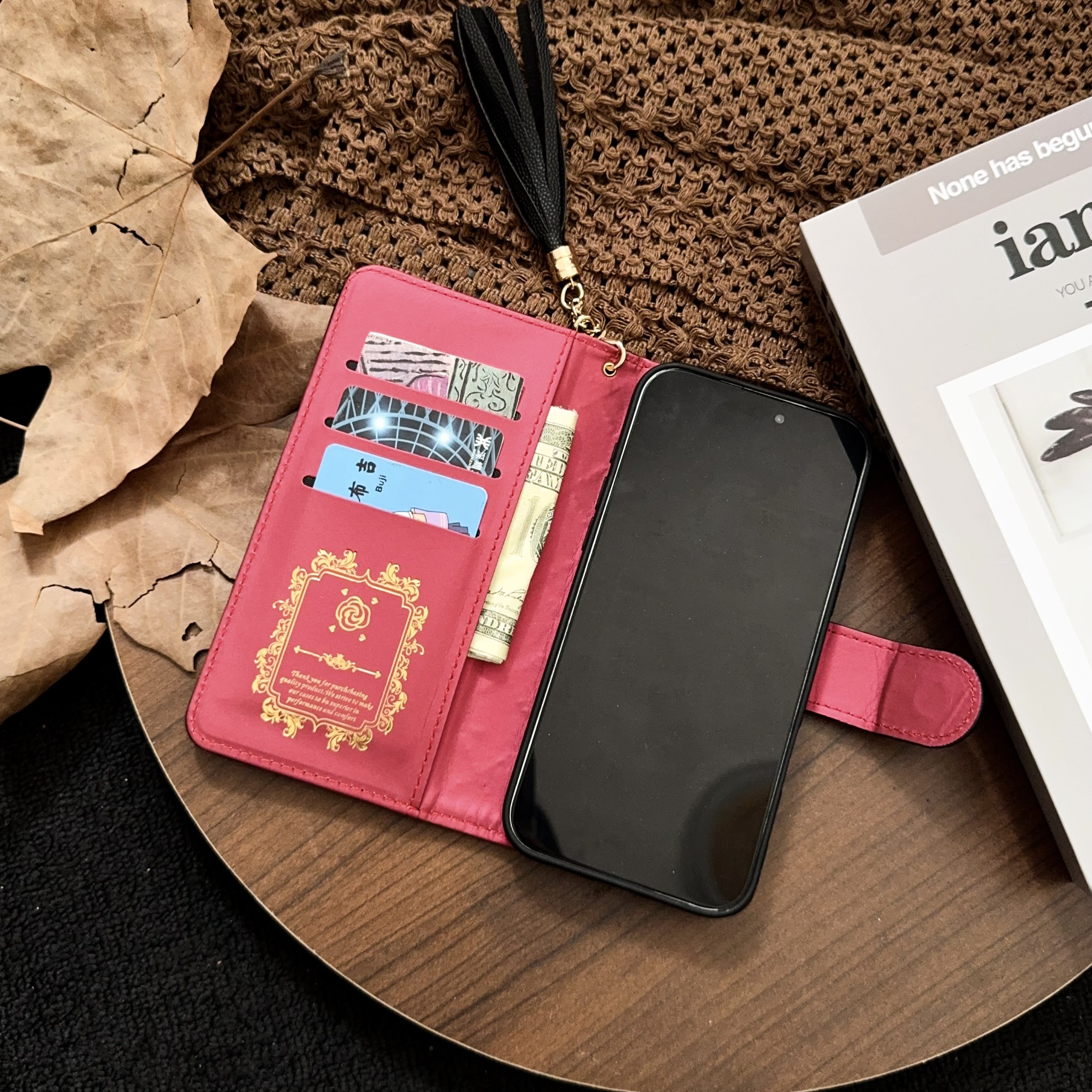 Leather CC iPhone Case With Flip Wallet Black For iPhone 17 Series-GECC010