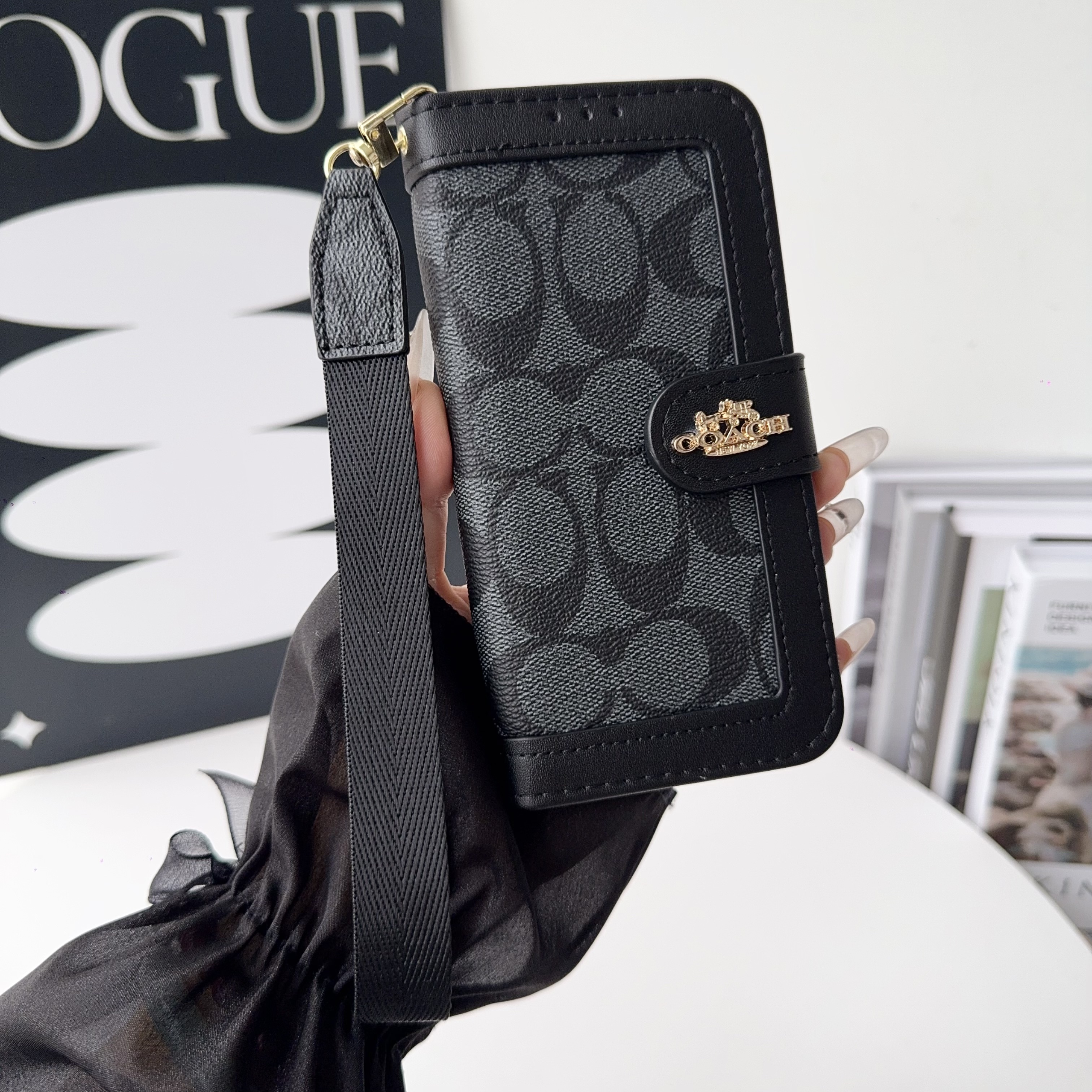 Premium Leather CH iPhone Case With Card Holder And Strap-LBPL001