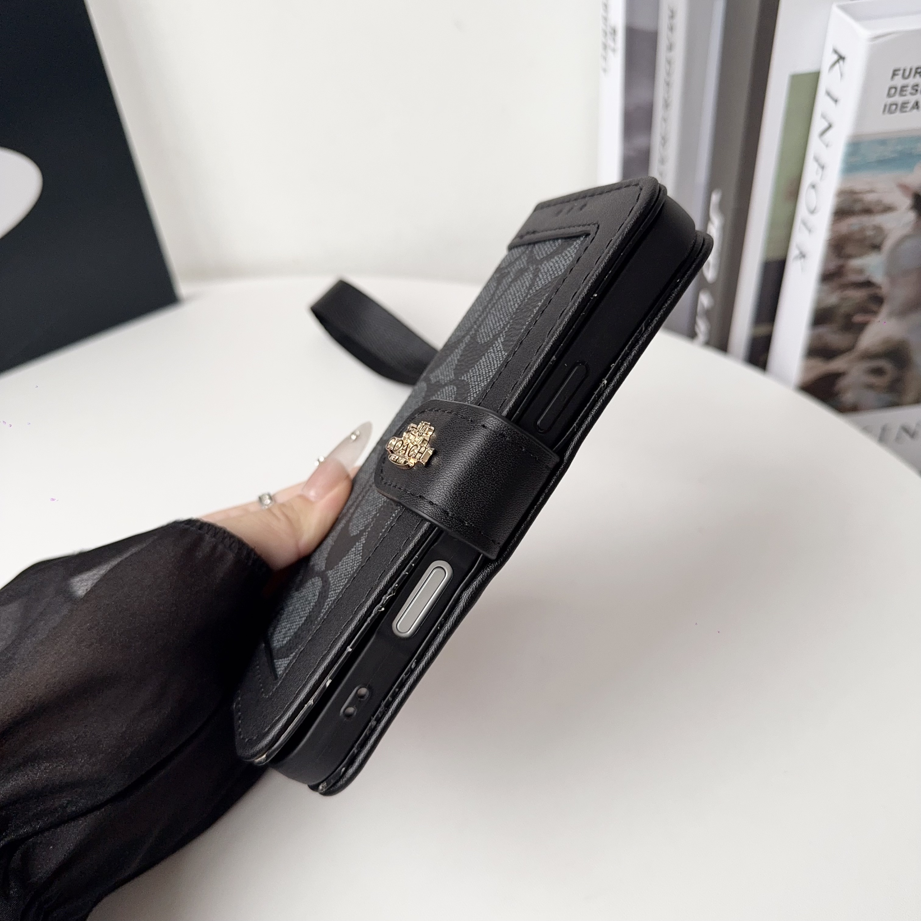 Premium Leather CH iPhone Case With Card Holder And Strap-LBPL001