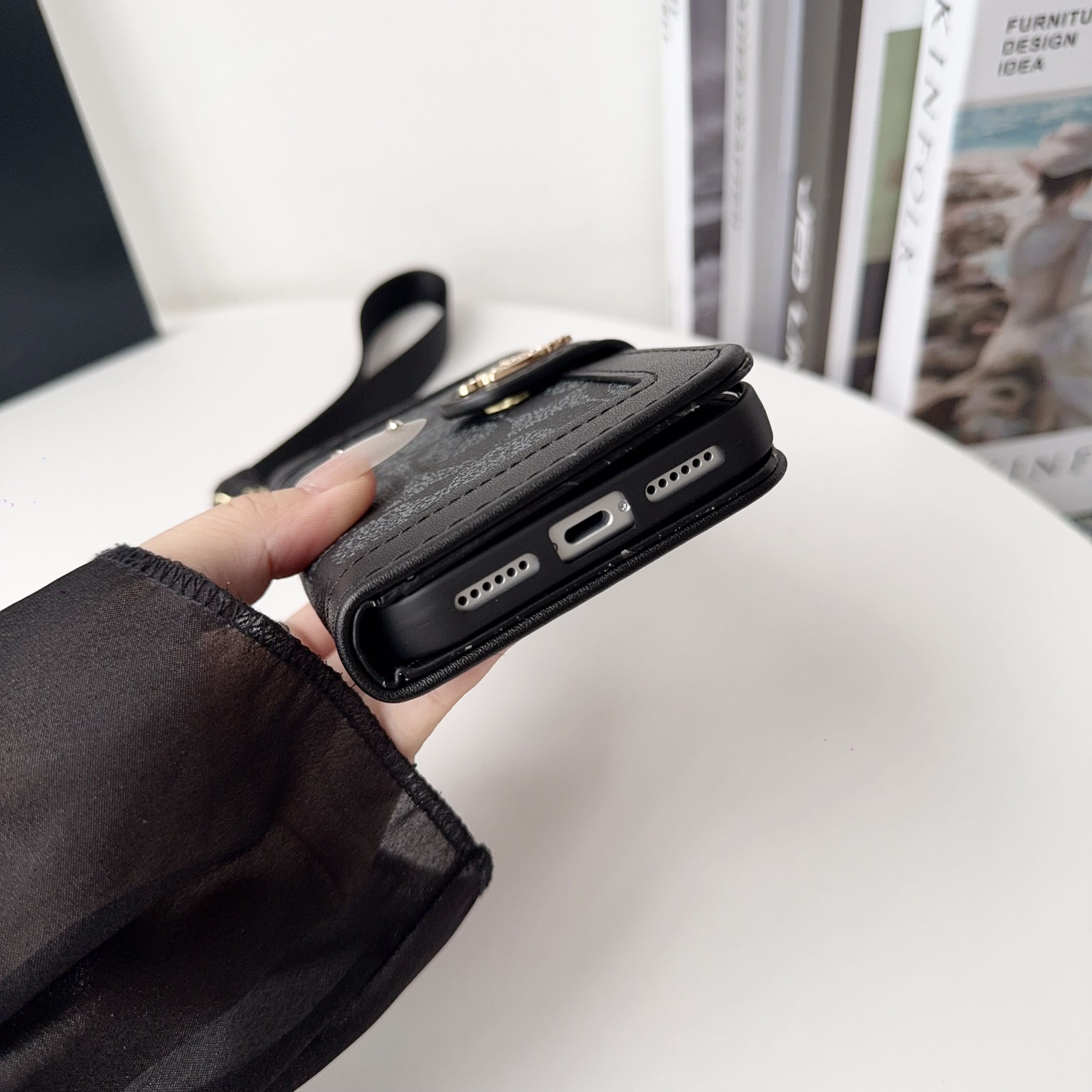 Premium Leather CH iPhone Case With Card Holder And Strap-LBPL001