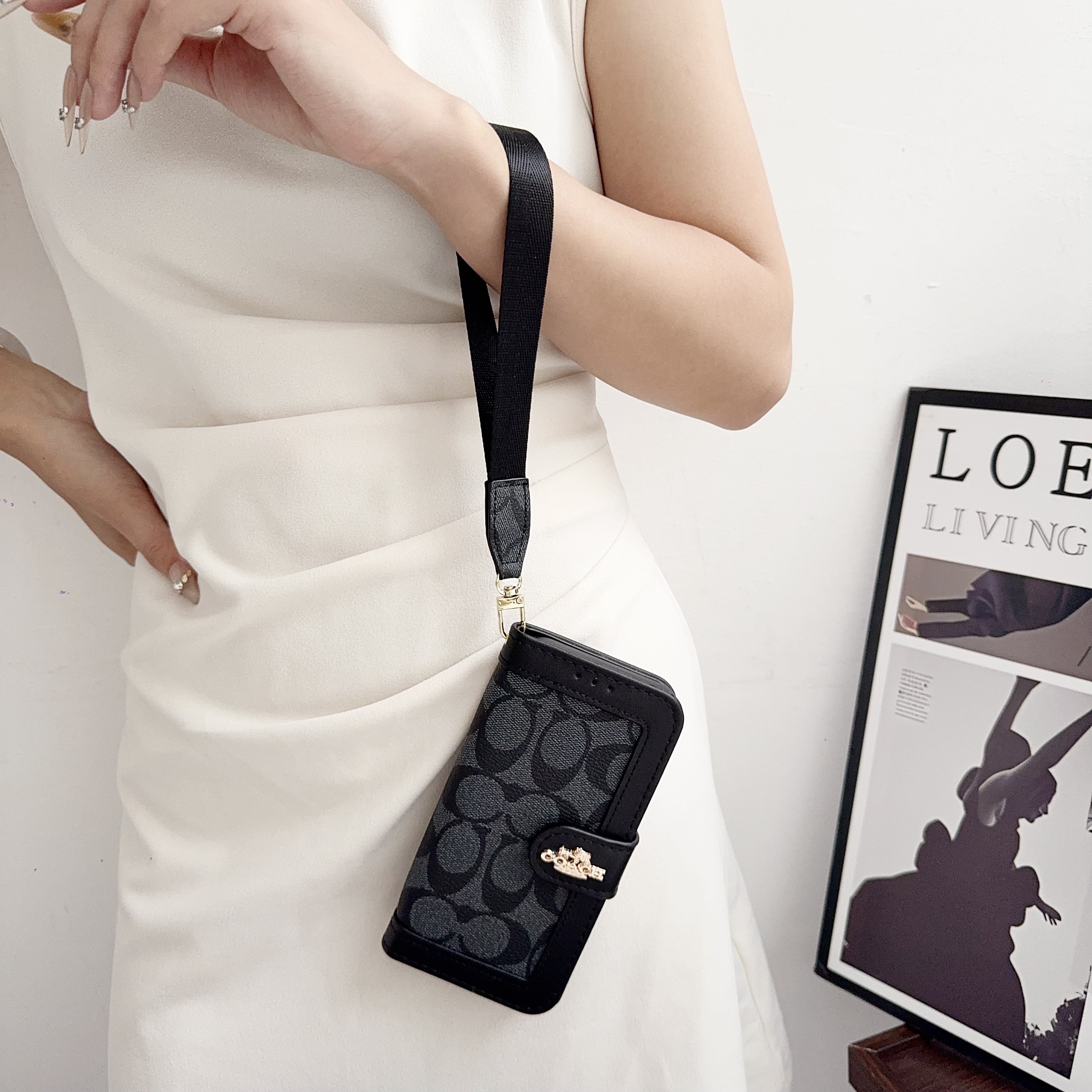 Premium Leather CH iPhone Case With Card Holder And Strap-LBPL001