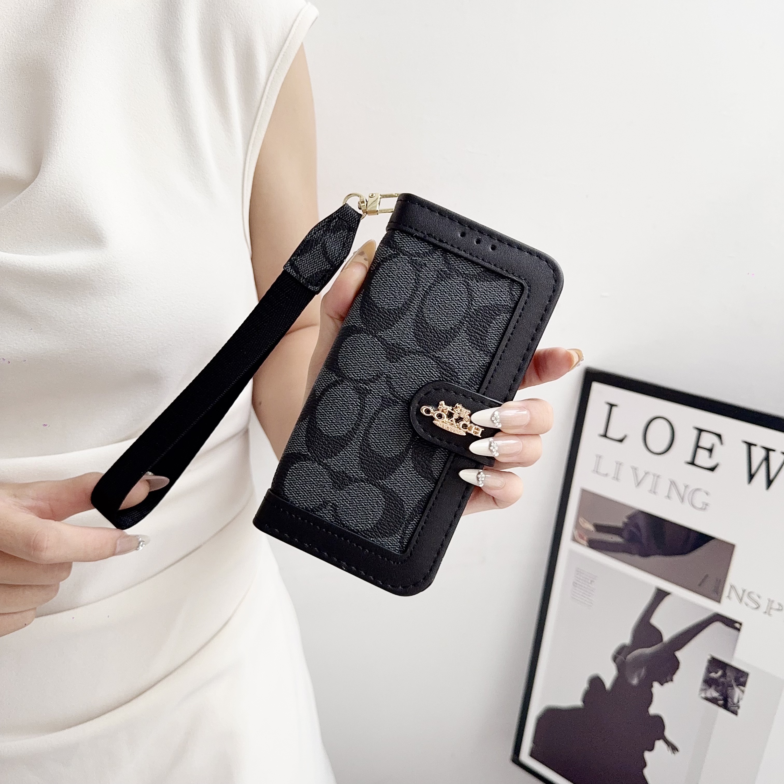 Premium Leather CH iPhone Case With Card Holder And Strap-LBPL001