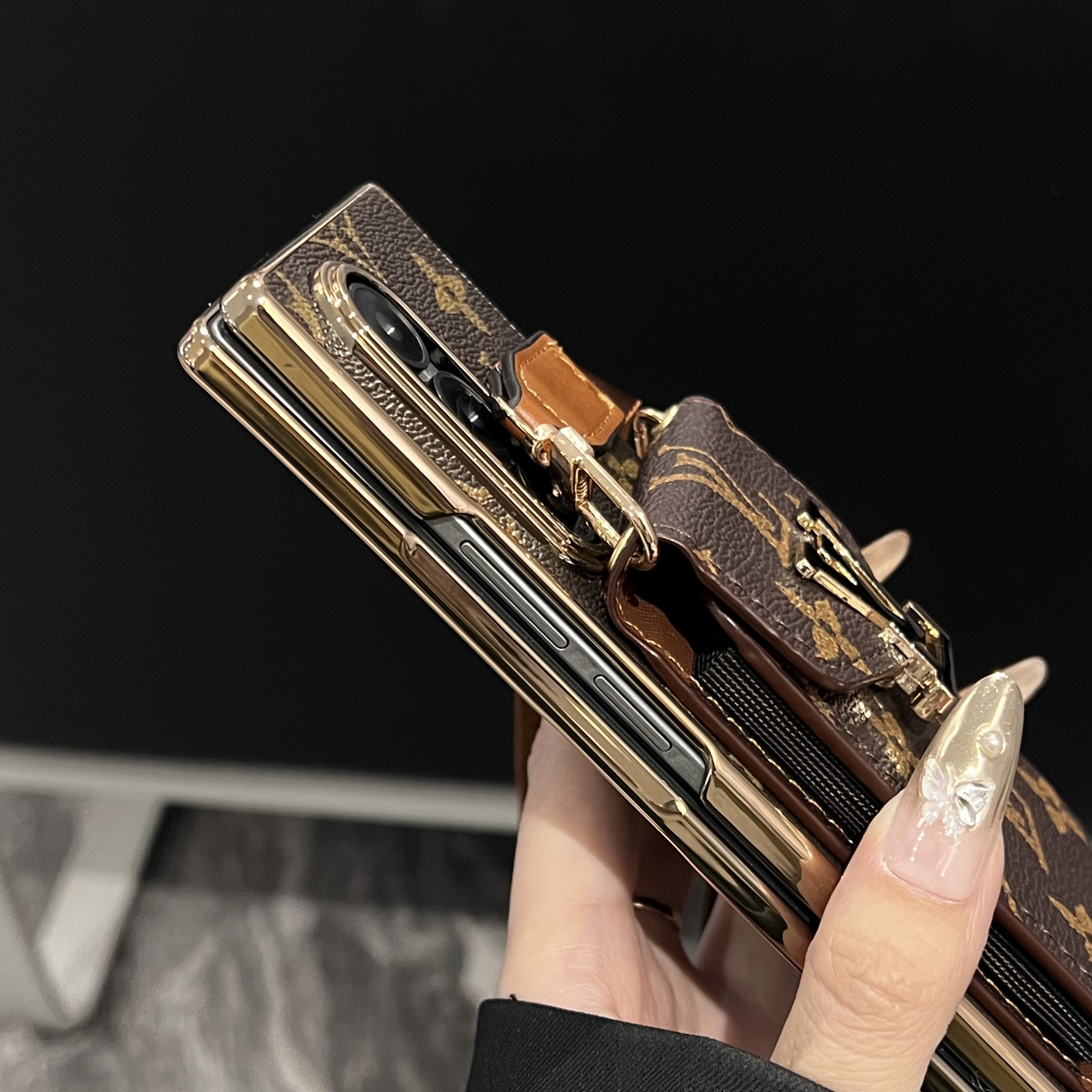 Luxury Leather Monogram Samsung Galaxy Z Fold Series Case With Card Holder And Strap-GELV103