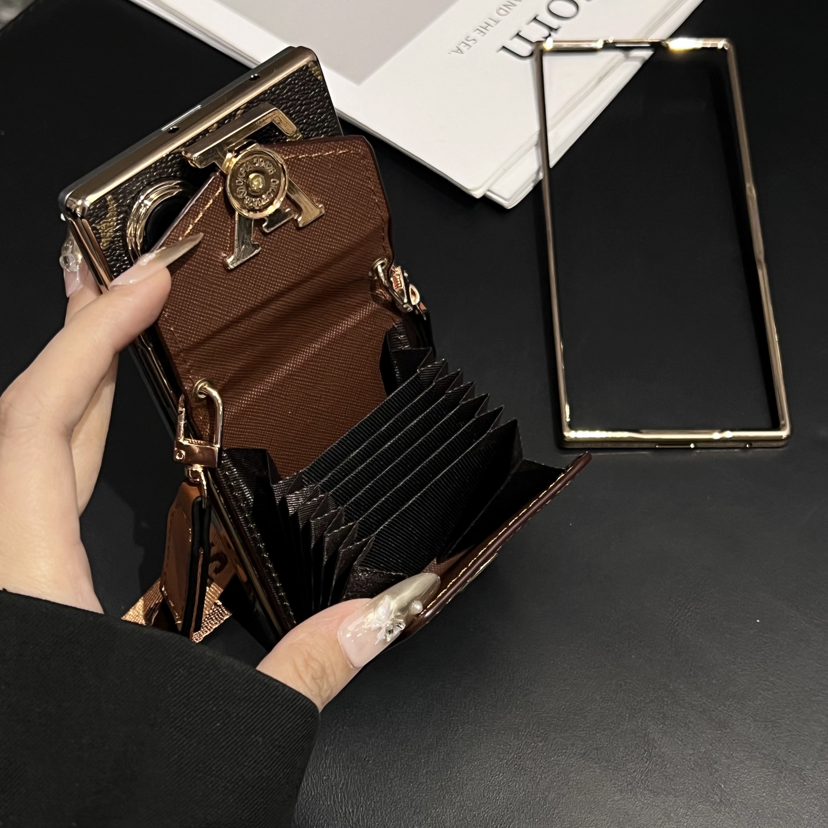 Luxury Leather Monogram Samsung Galaxy Z Fold Series Case With Card Holder And Strap-GELV103