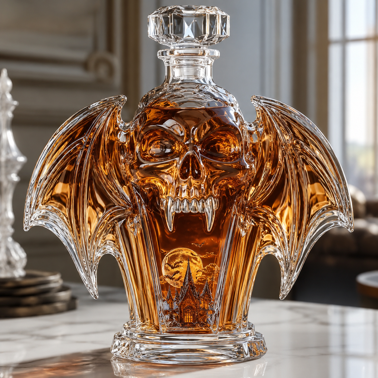 Vampire Skull Bat Wing Whiskey Bottle