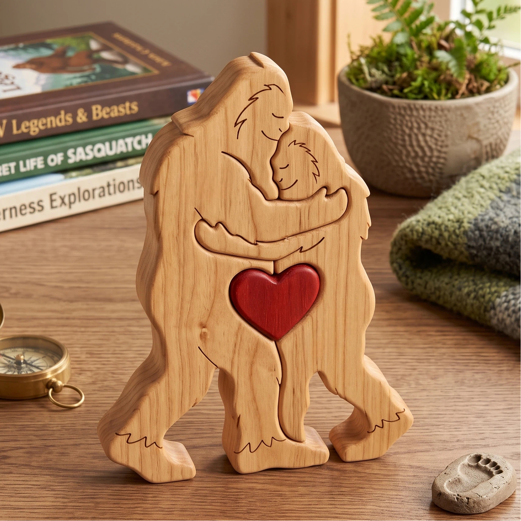 Bigfoot Family Hug Wooden Figurine – Sasquatch Family Love Keepsake with Red Heart