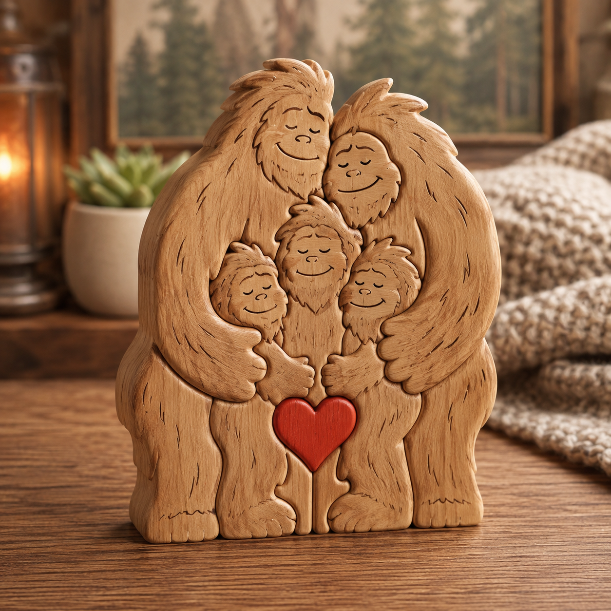 Bigfoot Family Hug Wooden Figurine – Sasquatch Family Love Keepsake with Red Heart