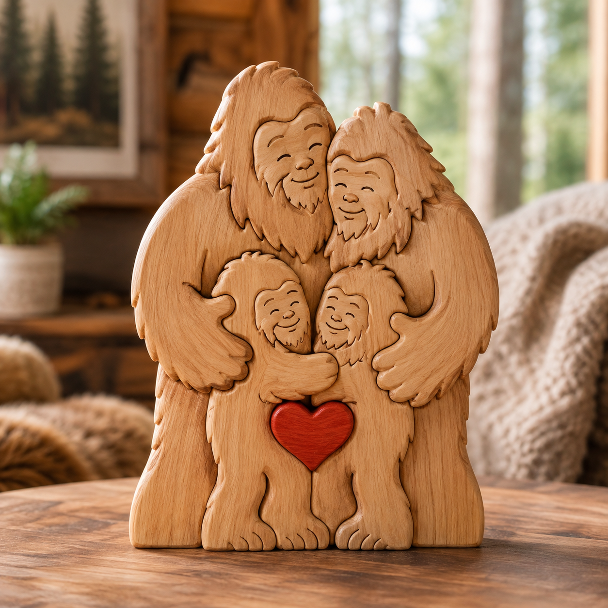 Bigfoot Family Hug Wooden Figurine – Sasquatch Family Love Keepsake with Red Heart