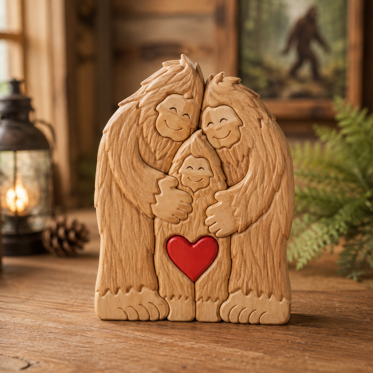 Bigfoot Family Hug Wooden Figurine – Sasquatch Family Love Keepsake with Red Heart