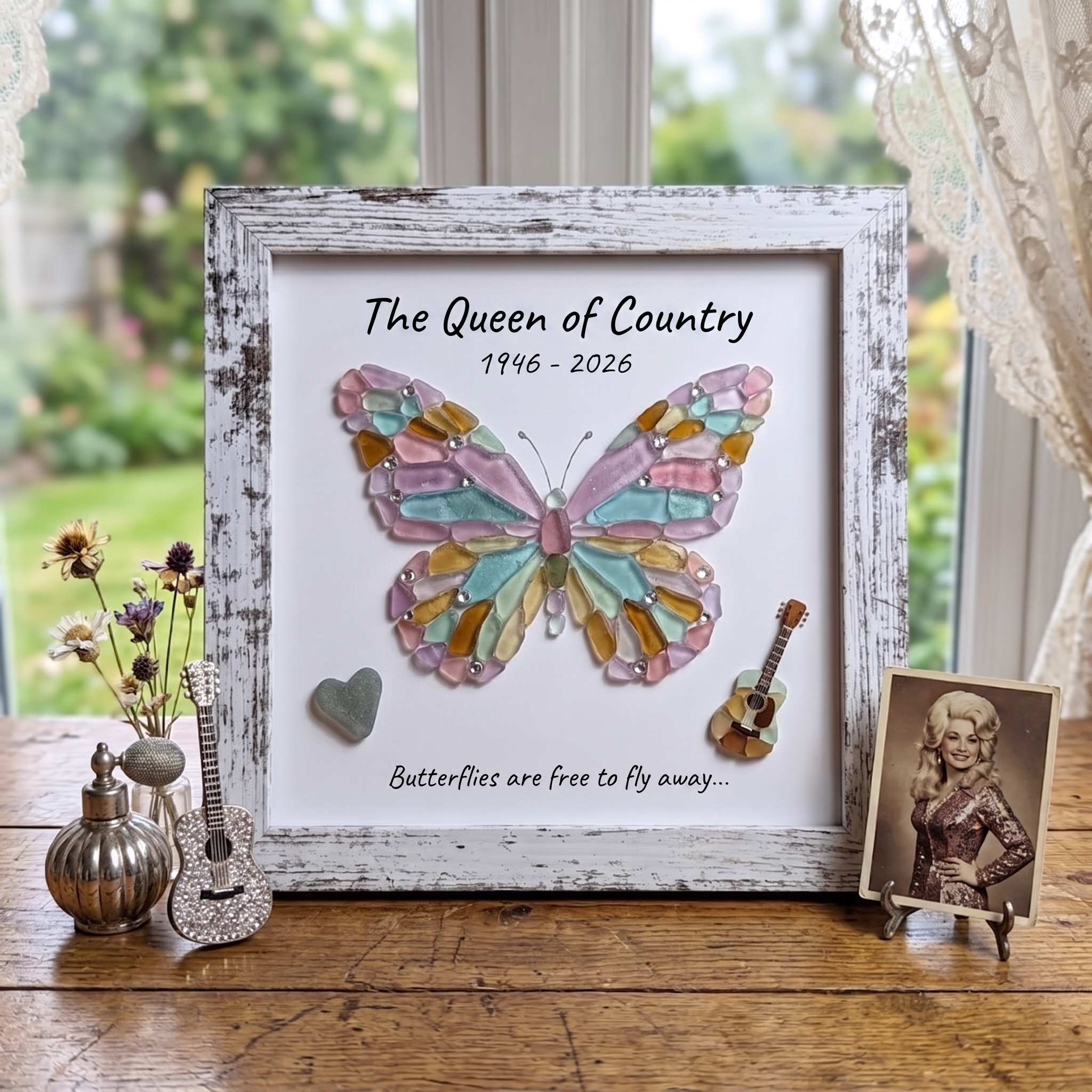Honor the legendary Queen of Country! Handcrafted Sea Glass Butterfly Tribute Frame