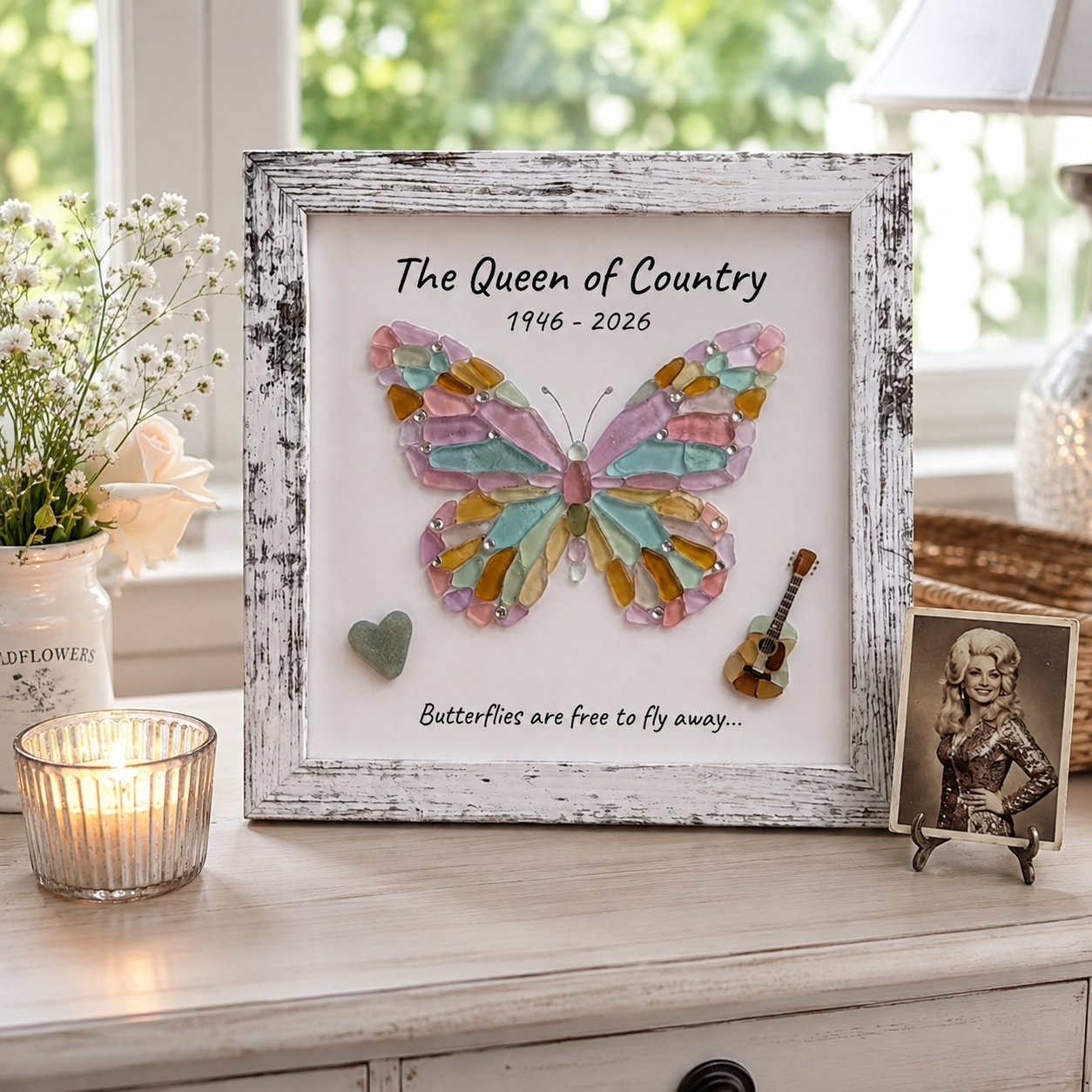 Honor the legendary Queen of Country! Handcrafted Sea Glass Butterfly Tribute Frame