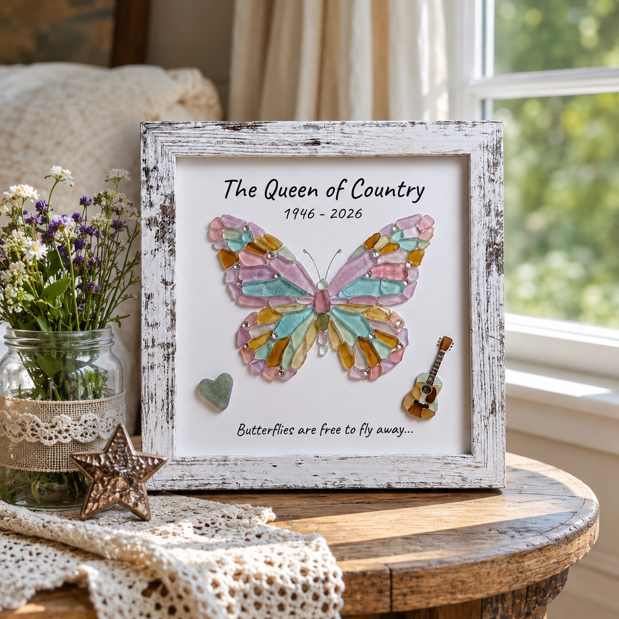 Honor the legendary Queen of Country! Handcrafted Sea Glass Butterfly Tribute Frame