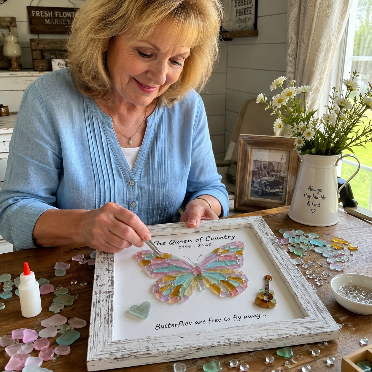 Honor the legendary Queen of Country! Handcrafted Sea Glass Butterfly Tribute Frame
