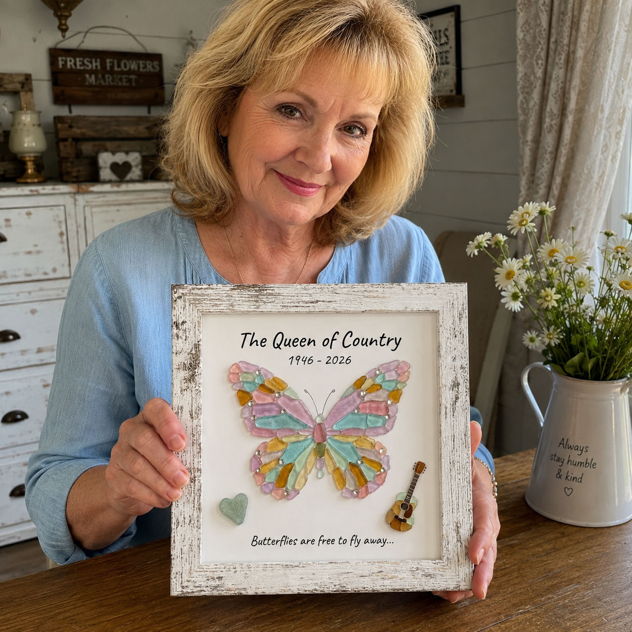 Honor the legendary Queen of Country! Handcrafted Sea Glass Butterfly Tribute Frame