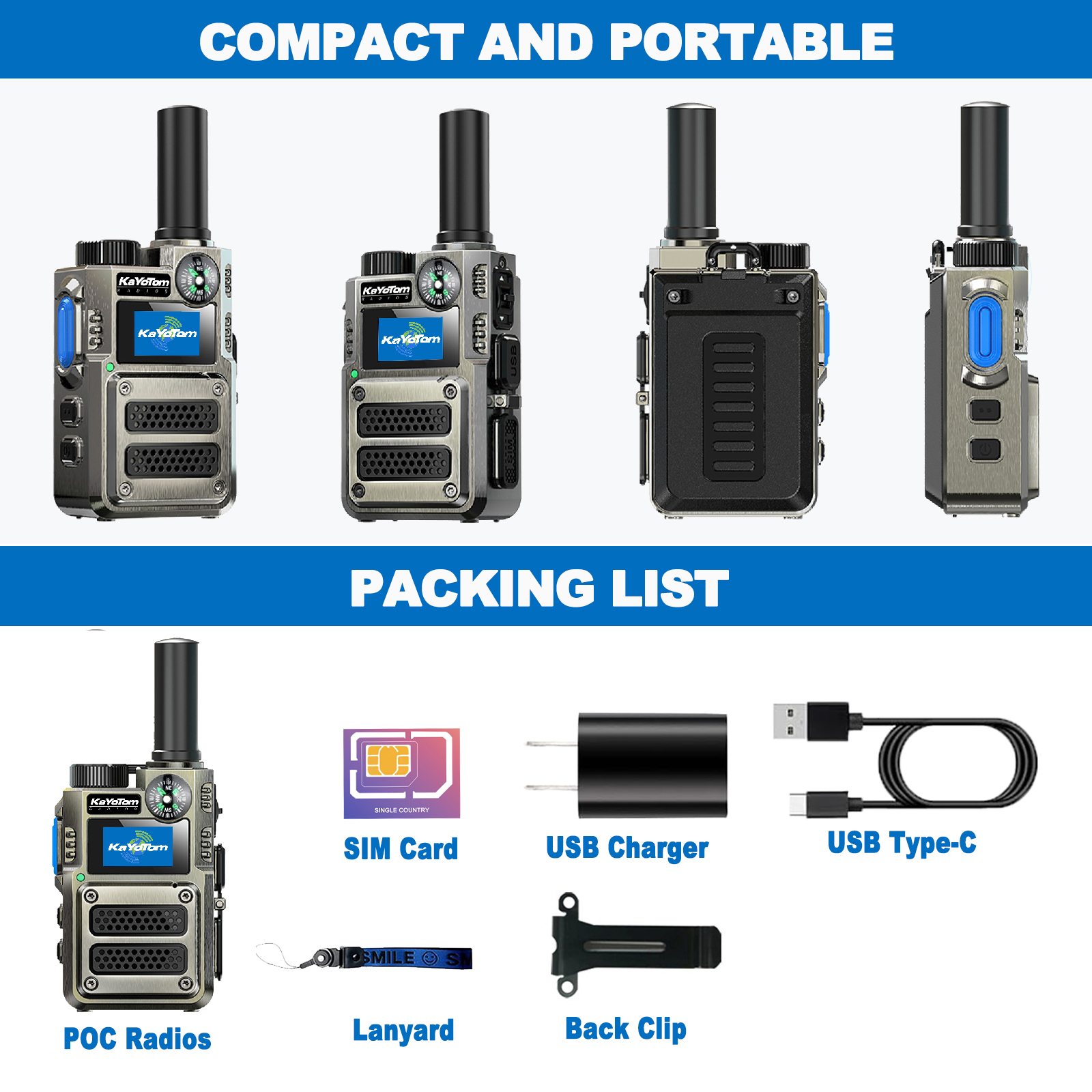 KaYoTom M12 Global Walkie Talkie Unlimited Range Encrypted Two-Way Radio - Compass, 72H Battery, HD Audio, Lightweight & LED Flashlight, 172 Countries Coverage