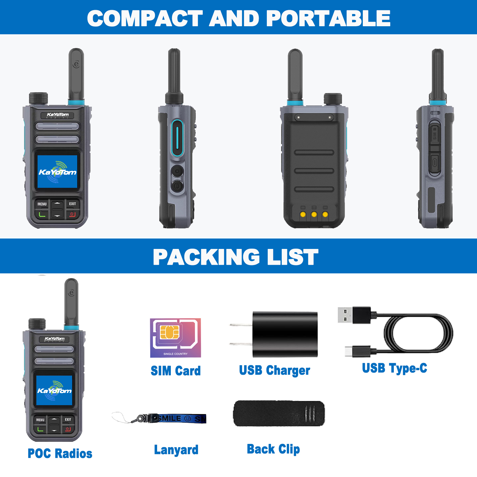 KaYoTom M16 4G POC Global Encrypted PTT Walkie Talkie Unlimited Range - IP67 waterproof, GPS tracking, Bluetooth & 7-Day Batter