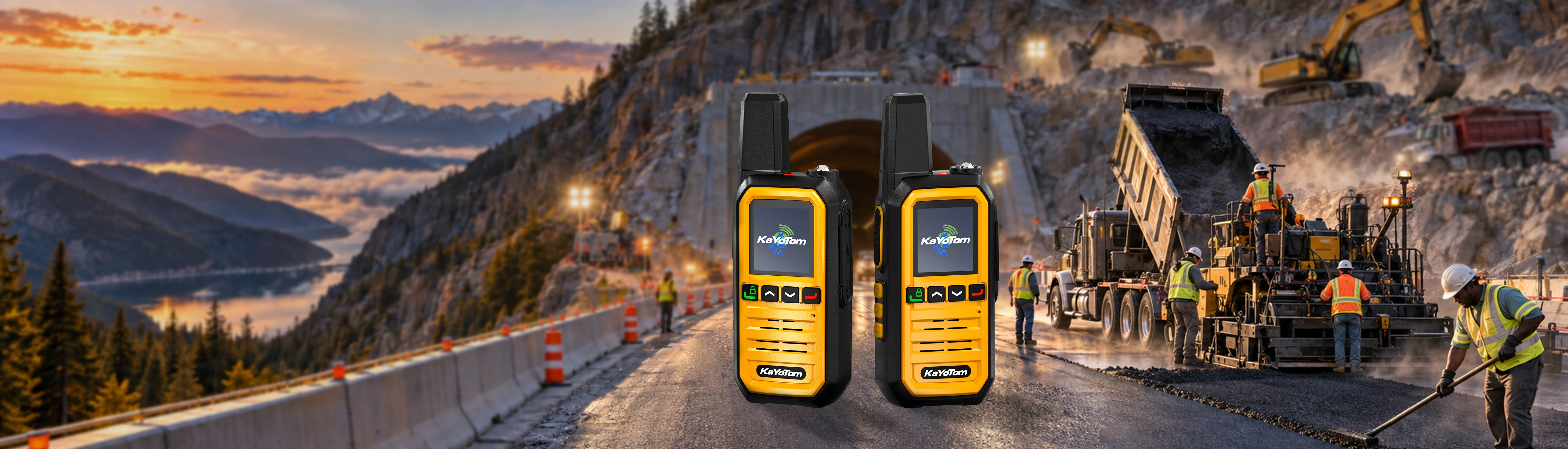 KayoTom G14 rugged dual two-way radios showcased on a highway construction and road paving site with heavy machinery background