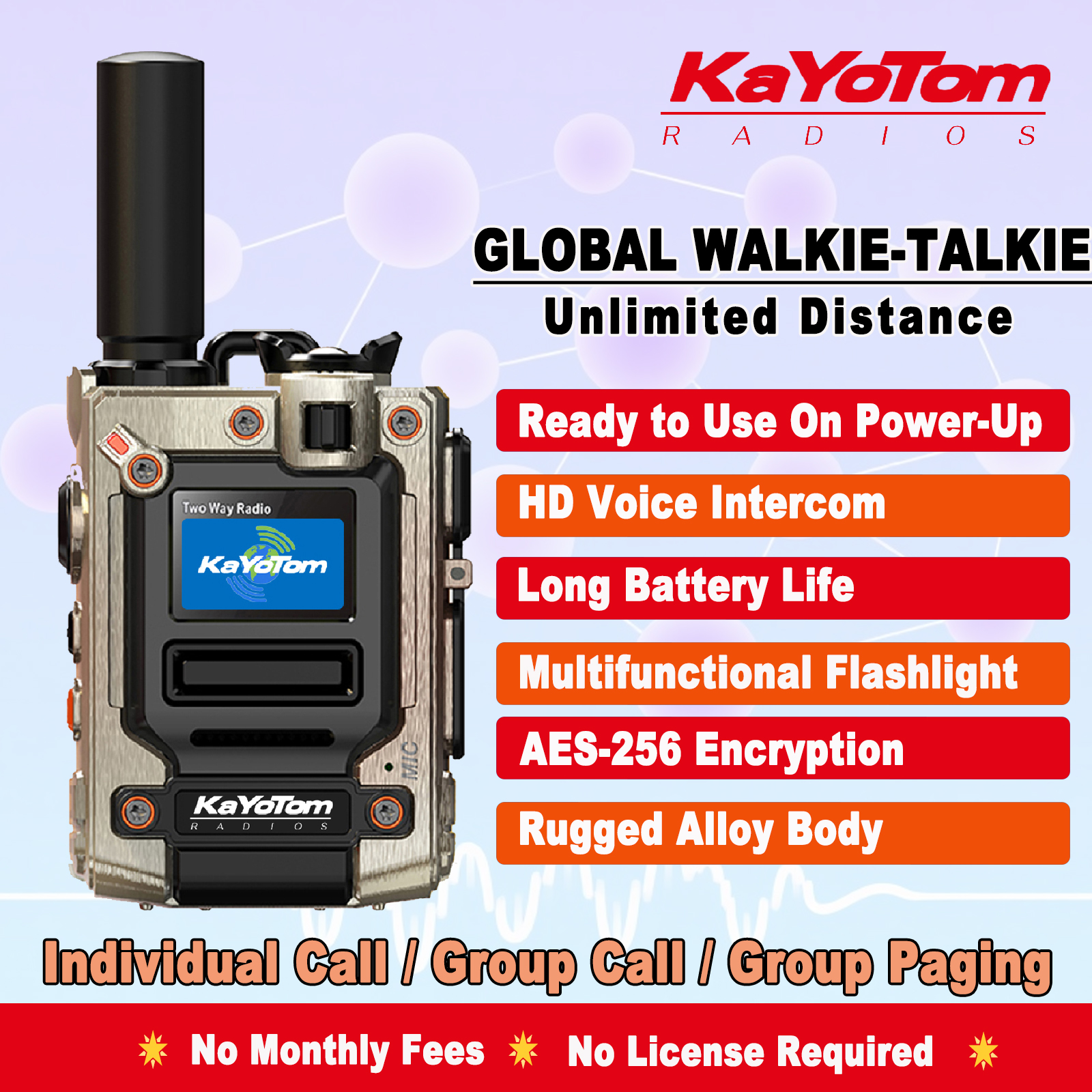 KaYoTom M08 Global Long Range PTT Walkie Talkie - Encrypted Two-Way Radio - 72H Battery, Lightweight & LED Flashlight, 172 Countries Coverage