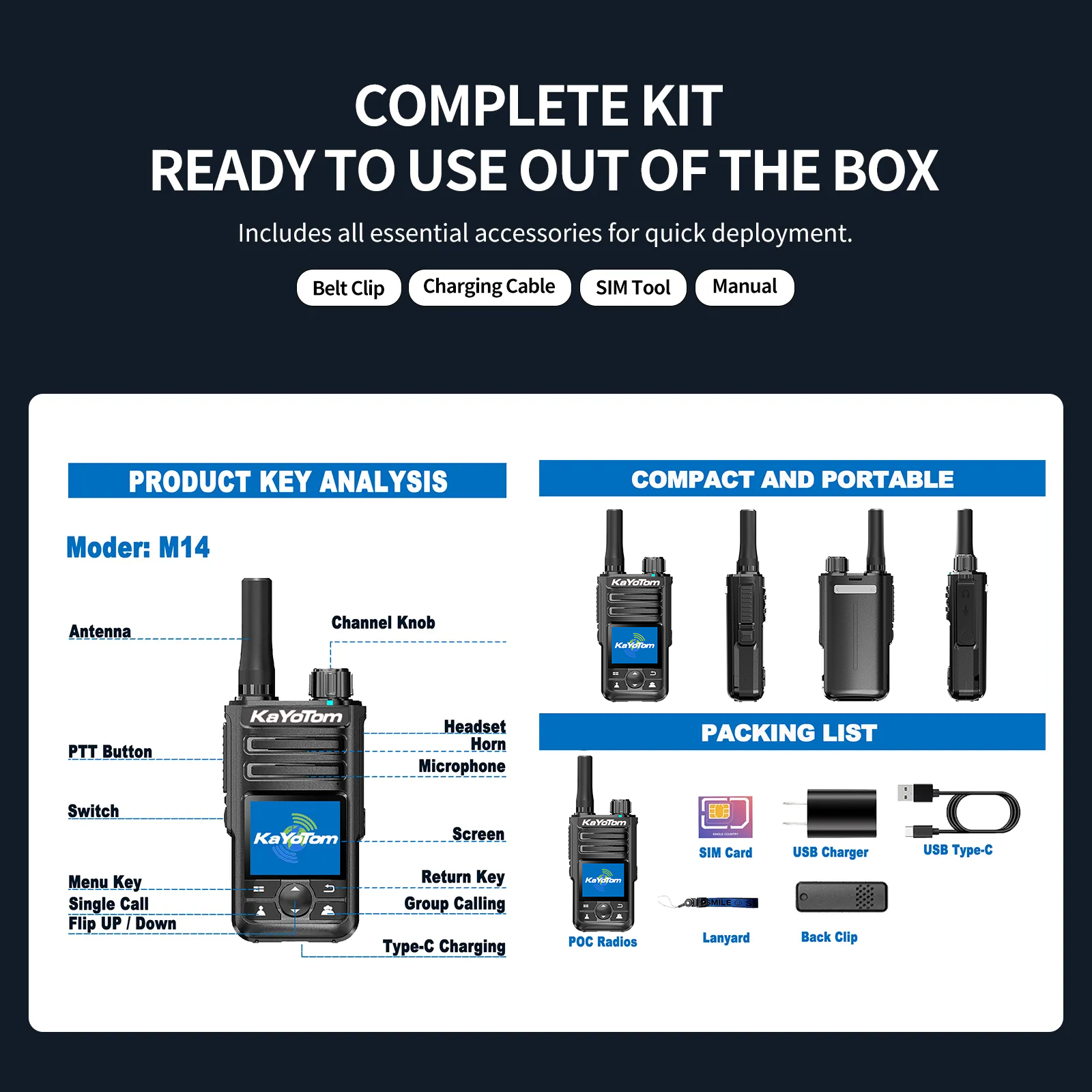 KaYoTom M14 Global Walkie Talkie POC Radio GPS Tracking Unlimited Range Encrypted Two-Way Radio