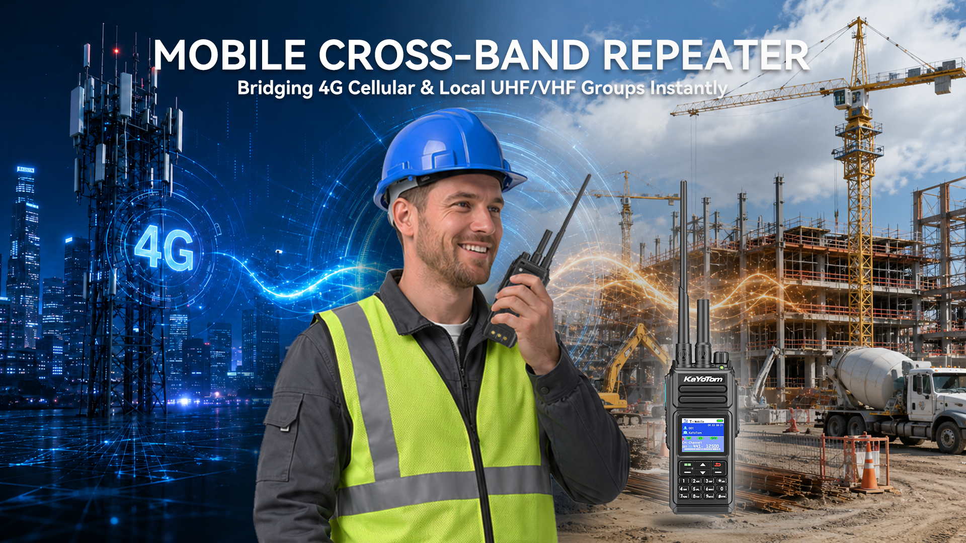 KaYoTom D10 mobile cross-band repeater bridging 4G cellular and local UHF/VHF groups instantly for professional construction and industrial use
