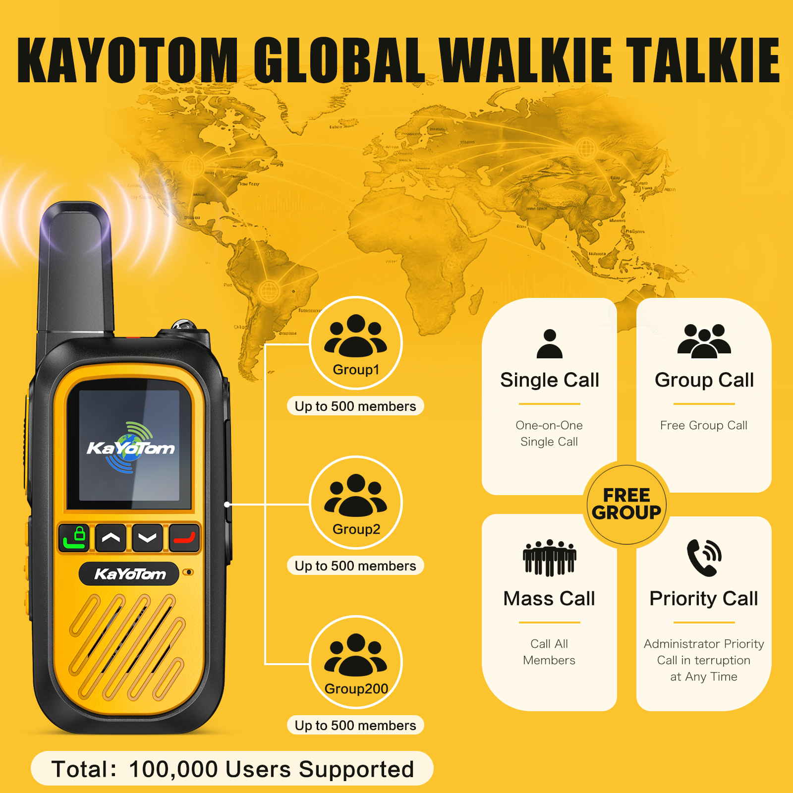 KaYoTom G12 Global Walkie Talkies Long Range Global Unlimited Range 4G LTE PoC Two-Way Radios (5000+ Miles) Rugged & Waterproof Rechargeable for Construction,Truck Fleets,Families 