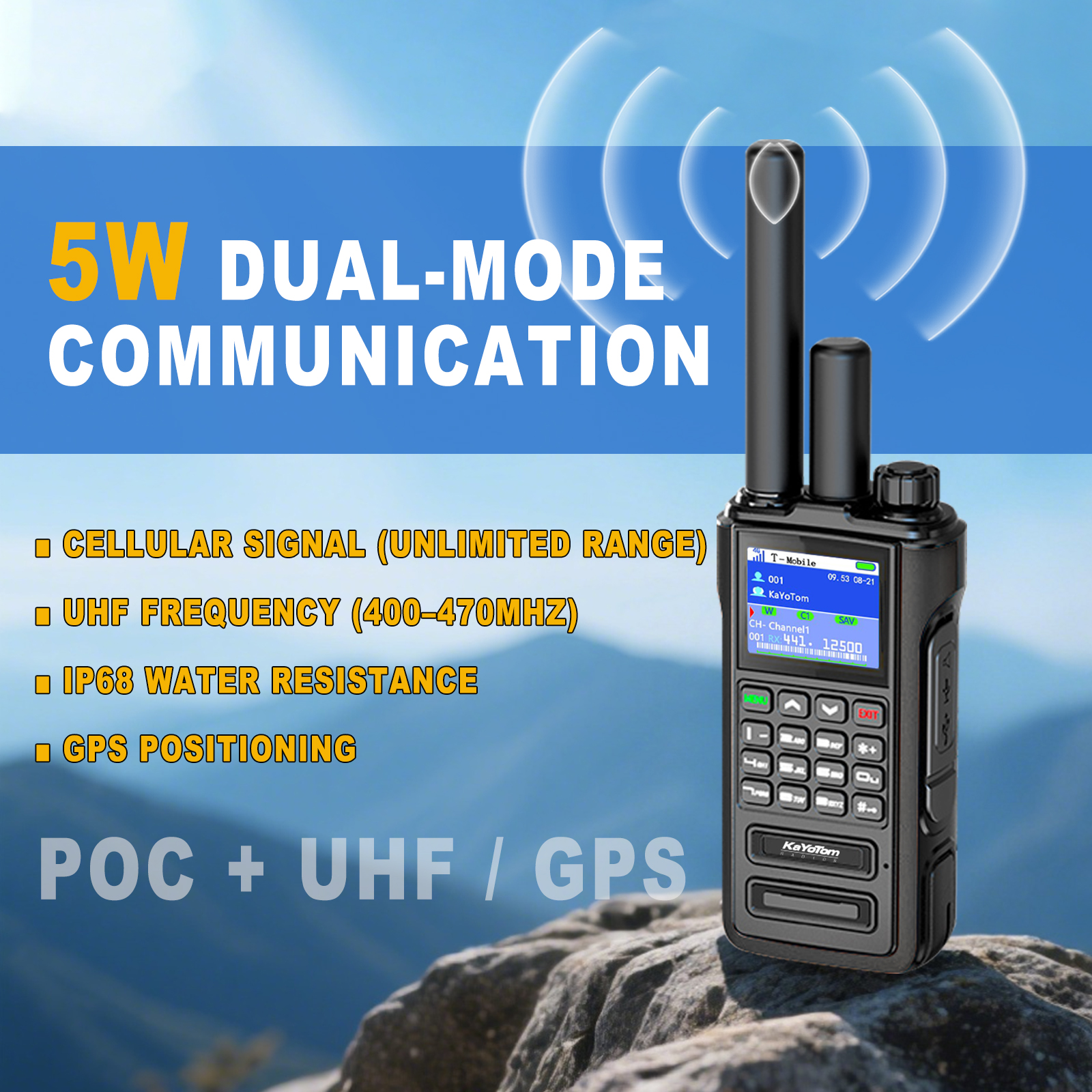 KaYoTom D09 5W Long Range Walkie Talkie – Global PoC + UHF Two-Way Radio with GPS, Encrypted Secure Communication, Dual PTT, HD Audio, IP67 Waterproof, Durable for Outdoor, Security & Business
