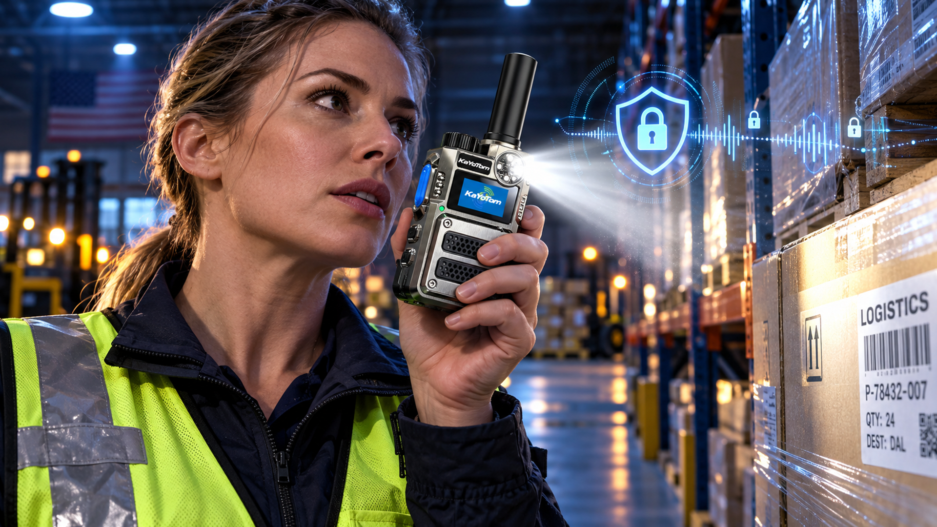 KaYoTom M12 encrypted walkie talkie displaying IR light and AES-256 security features