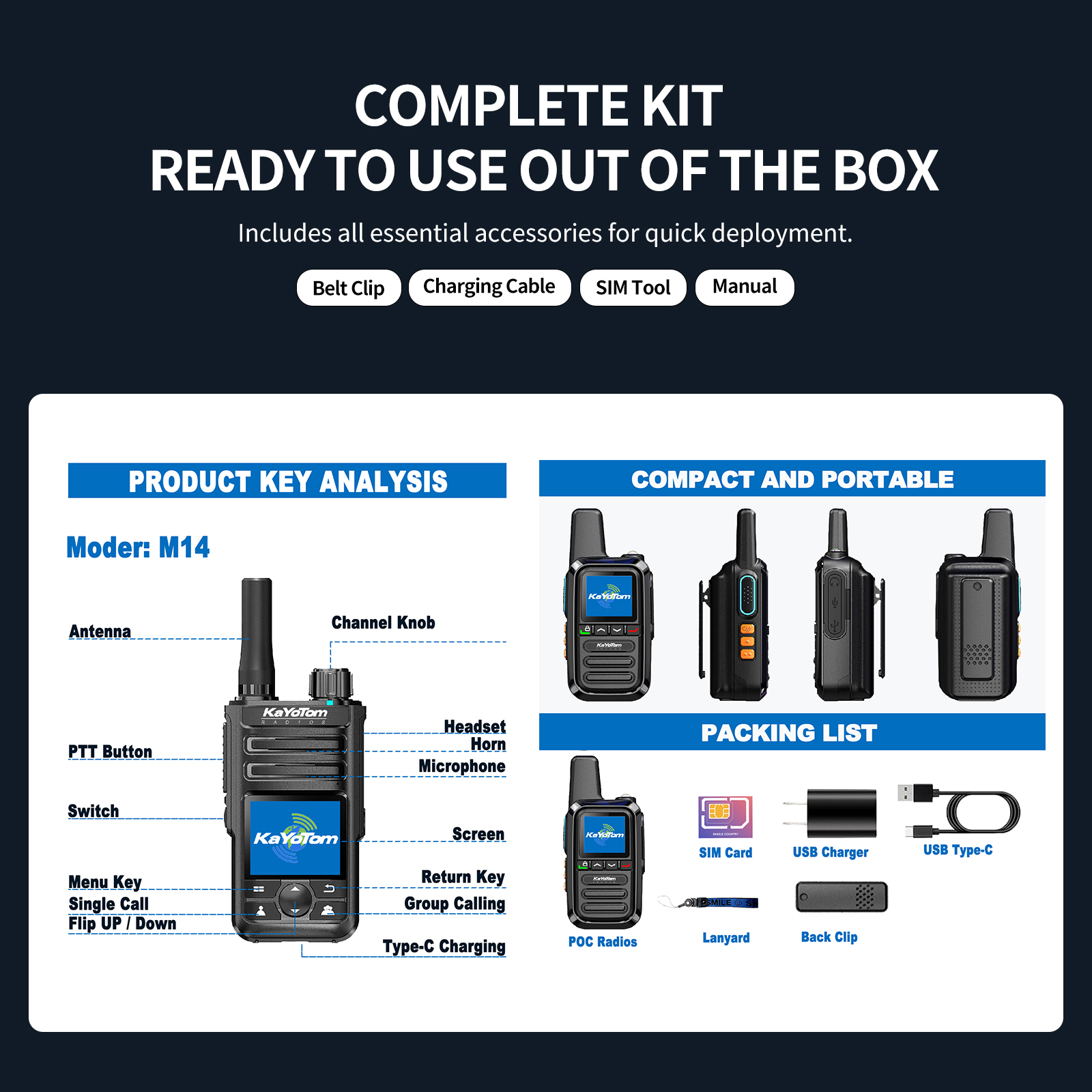 KaYoTom M14 Global Walkie Talkie Unlimited Range Encrypted Two-Way Radio - 72H Battery, GPS Tracking, Lightweight & Waterproof, 172 Countries Coverage