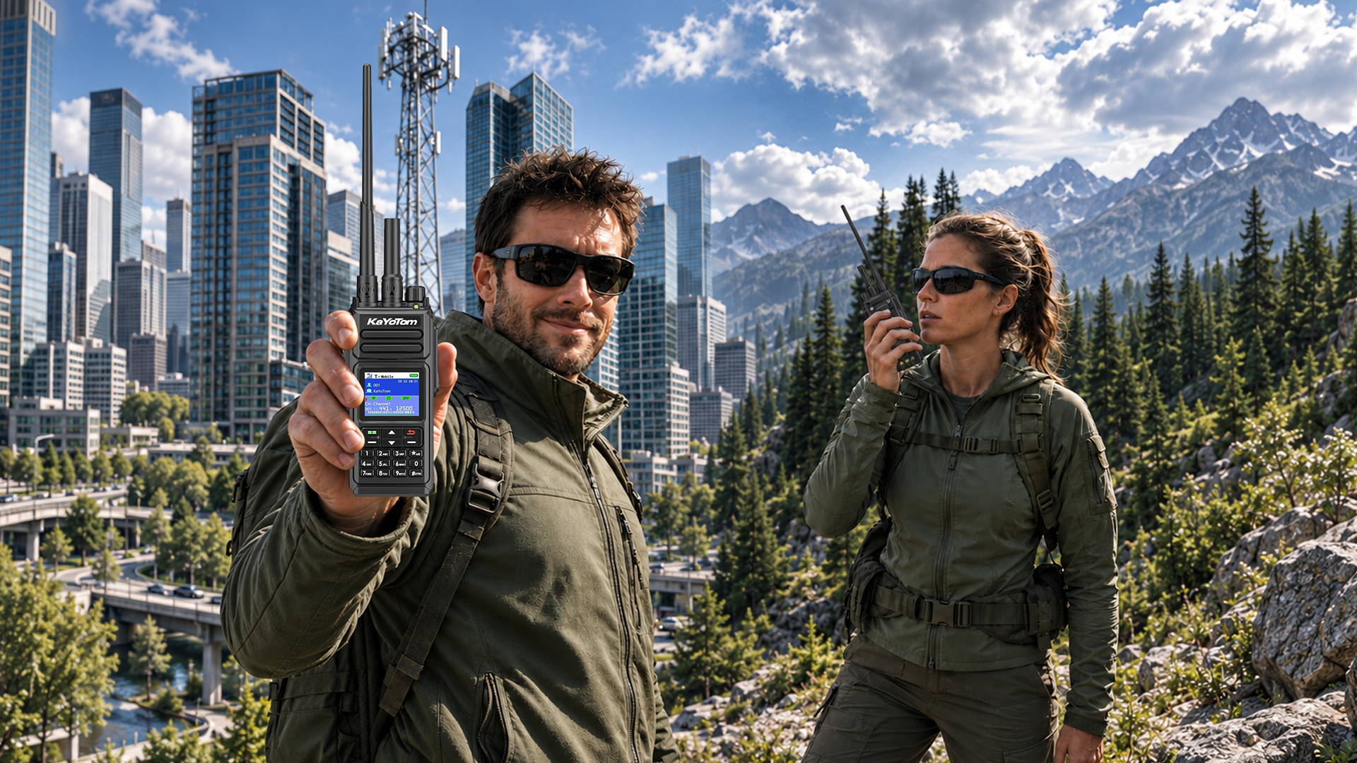 Hiker using KaYoTom D10 4G LTE PoC walkie talkie on a mountain trail with real-time GPS and long-range communication
