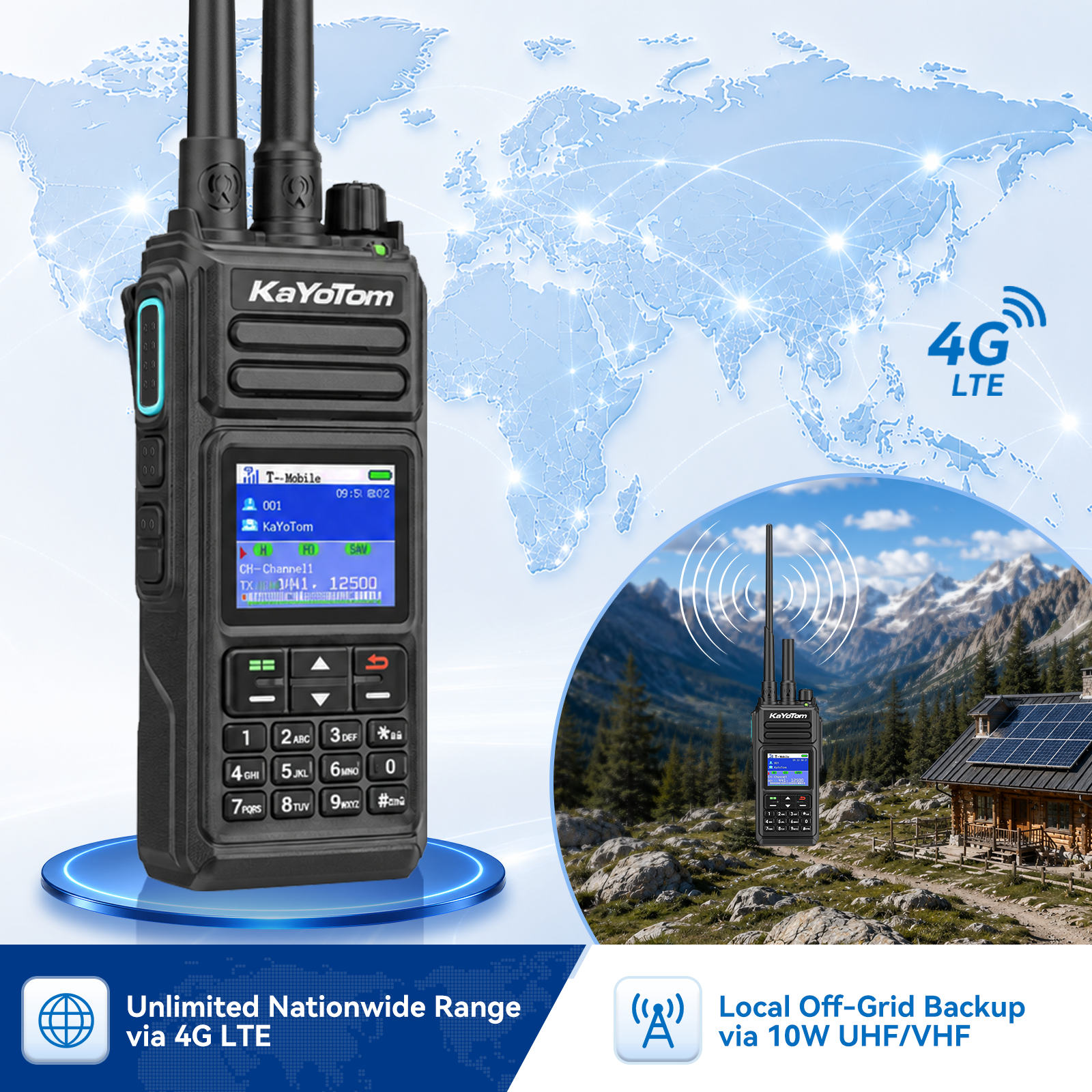 KaYoTom D10 dual-mode walkie-talkie featuring unlimited nationwide range via 4G LTE and local off-grid backup communication via 10W UHF/VHF for reliable industrial connectivity