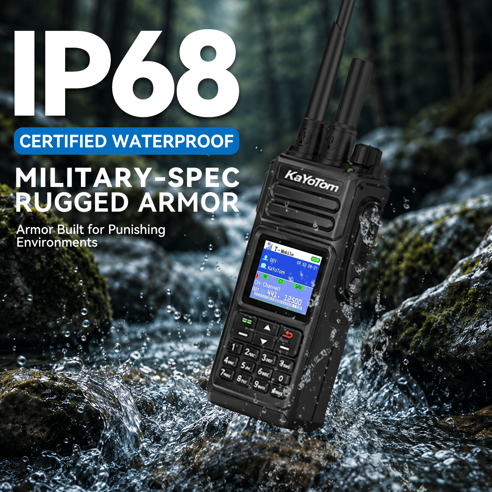 KaYoTom D10 IP68 certified waterproof two-way radio featuring military-spec rugged armor built to survive punishing wet and extreme outdoor environments
