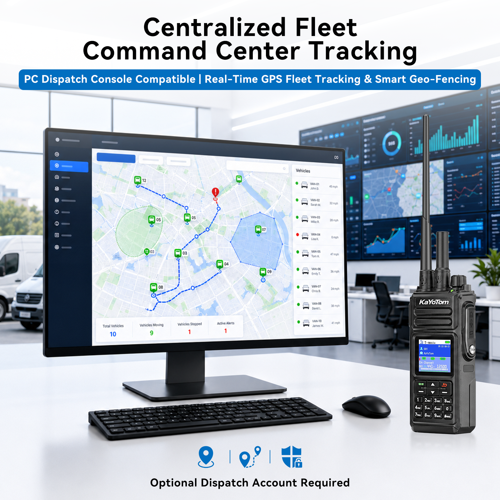 KaYoTom D10 professional two-way radio featuring centralized fleet command center tracking, PC dispatch console compatibility, real-time GPS fleet tracking, and smart geo-fencing