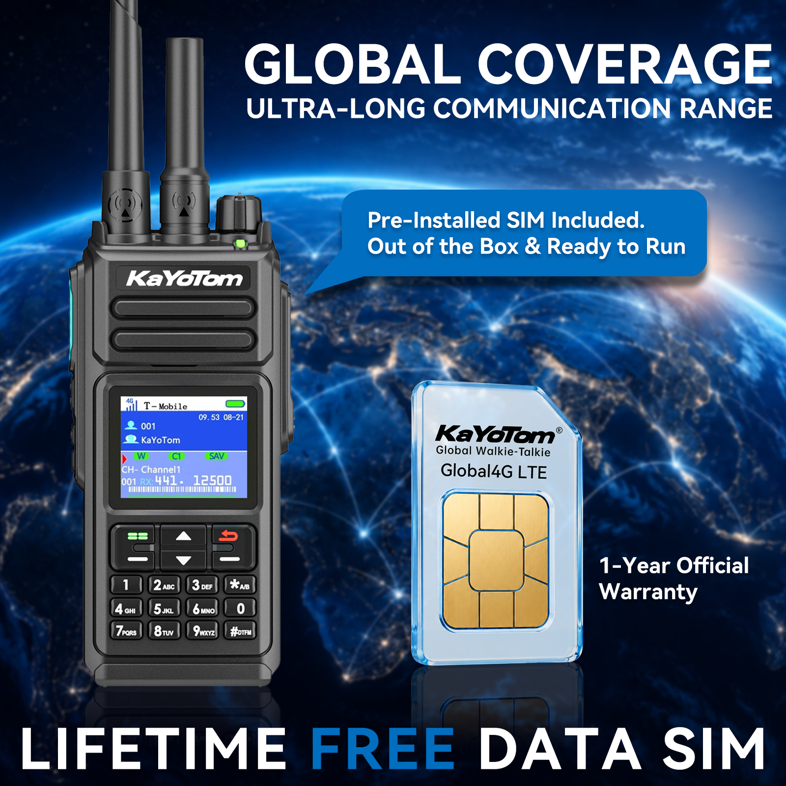 KaYoTom D10 professional two-way radio providing global coverage and ultra-long communication range via pre-installed lifetime free data SIM card, ready to run out of the box