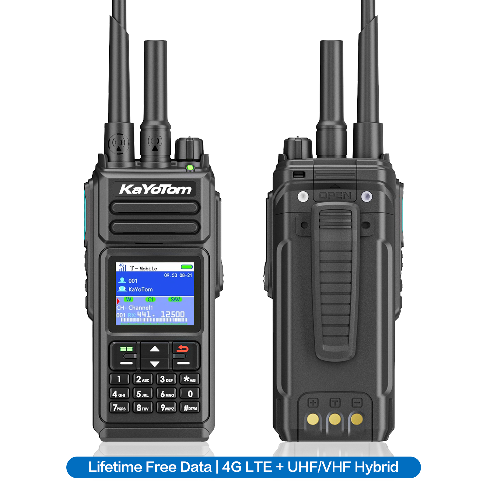 KaYoTom D10 dual-view professional walkie-talkie showing front and back design, featuring lifetime free data and 4G LTE plus UHF/VHF hybrid dual-mode communication