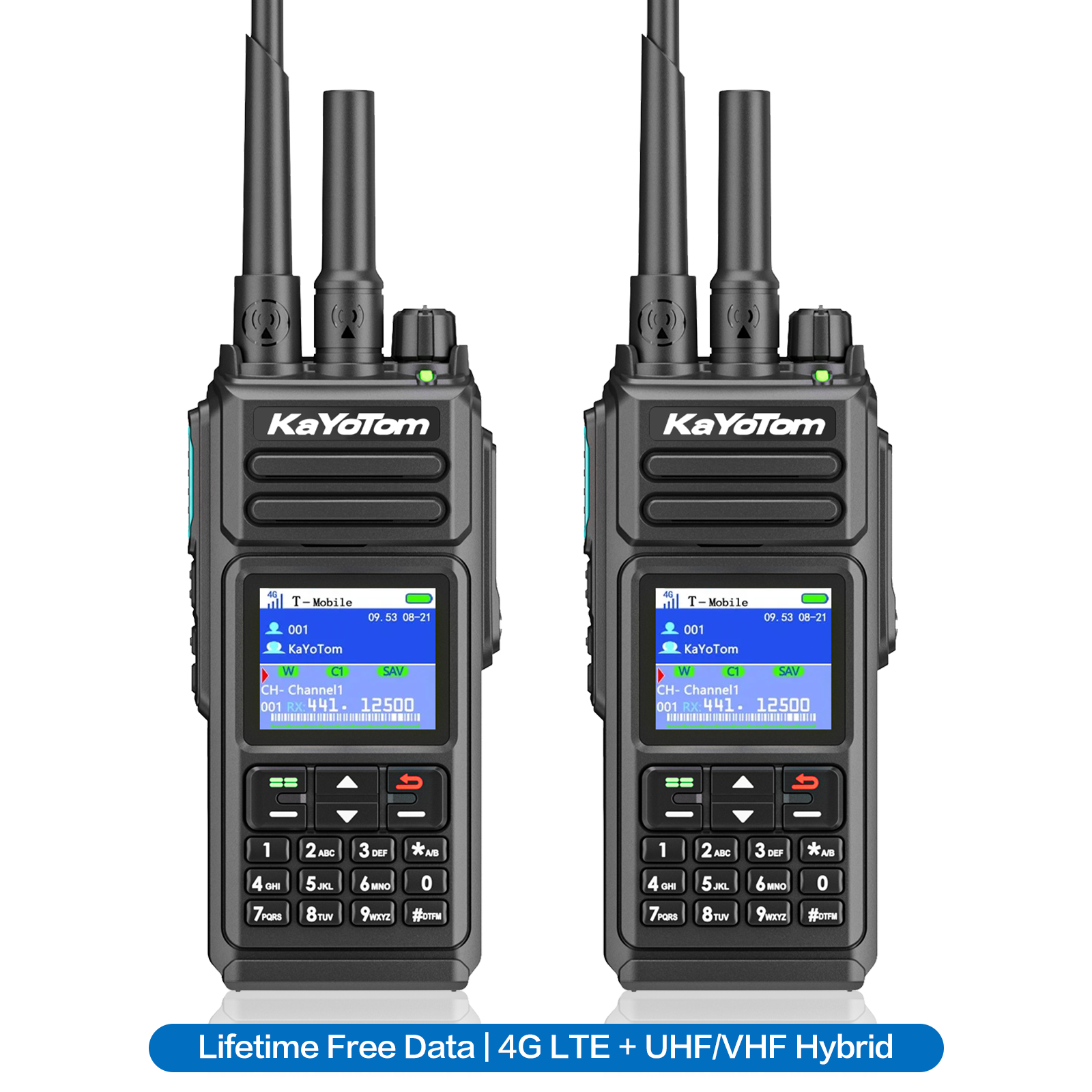 KaYoTom D10 professional dual-device walkie-talkie showcase featuring lifetime free data and 4G LTE plus UHF/VHF hybrid dual-mode communication systems