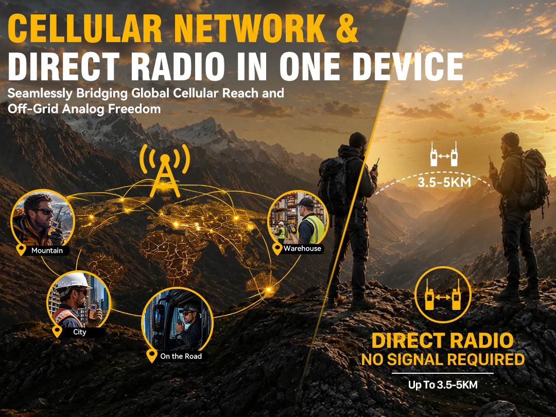 KaYoTom D22 Hybrid Dual-Mode Walkie-Talkie combining cellular network connectivity and direct radio in one device, seamlessly bridging global cellular reach and off-grid analog freedom.