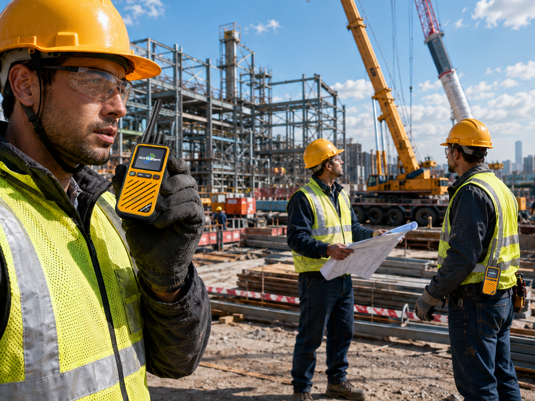 KaYoTom D22 Hybrid Dual-Mode Walkie-Talkie in use by construction workers on a busy job site, featuring a worker communicating via the device in the foreground and engineers reviewing blueprints with cranes in the background.