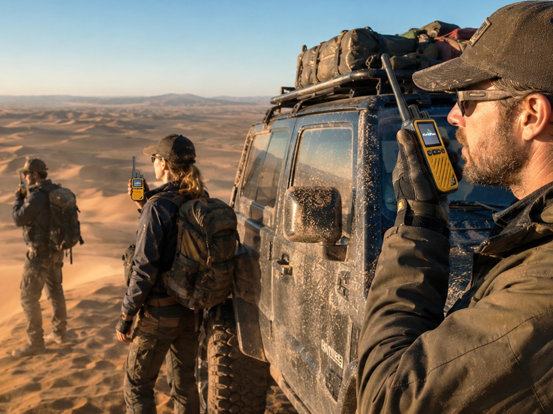 KaYoTom D22 Hybrid Dual-Mode Walkie-Talkie in use by an off-road expedition team exploring a desert landscape with rugged terrain and expedition vehicles.