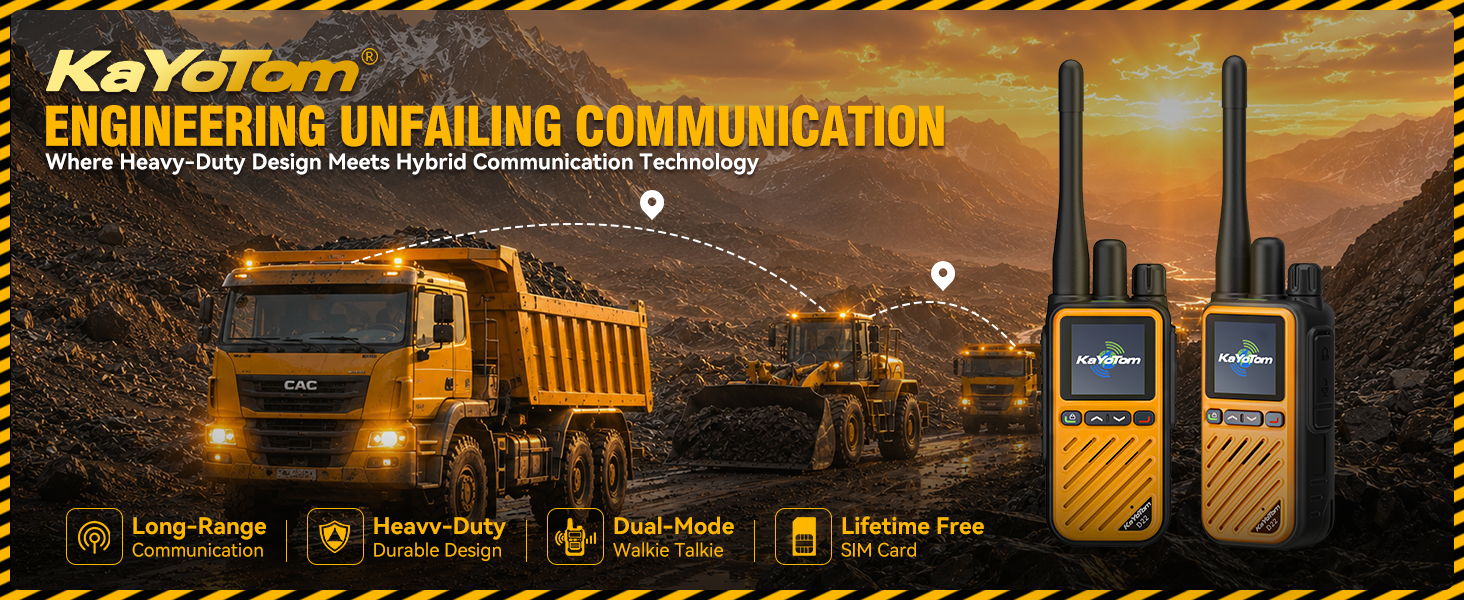 KaYoTom D22 Hybrid Dual-Mode Walkie-Talkie banner highlighting engineering unfailing communication, long-range coverage, heavy-duty durable design, and lifetime free SIM card.